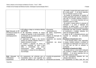 Práticas e Modelos de Auto-Avaliação das Bibliotecas Escolares – Turma 7 – DREN
O Modelo de Auto-Avaliação das Bibliotecas Escolares: metodologias de operacionalização (Parte II)                                                                    5ª Sessão


                                                                                                                             - Na questão “a equipa dá-te apoio quando vais à
                                                                                                                             BE e pedes ajuda”, …% de alunos respondeu
                                                                                                                             bom (ou suficiente ou pouco ou nada).
                                                                                                                             - Na questão j”já participastes em sessões de
                                                                                                                             trabalho organizadas pela equipa e destinadas a
                                                                                                                             usar a BE ou a consultar, pesquisar e produzir a
                                                                                                                             informação”, …% de alunos respondeu bom (ou
                                                                                                                             suficiente ou pouco ou nada).
                                                                                                                             - Na questão “a equipa apoia-te na pesquisa de
                                                                                                                             informação e no apoio à realização dos
                                                                                                                             trabalhos, se pedires ajuda”, …% de alunos
                                                                                                                             respondeu bom (ou suficiente ou pouco ou nada).
                                •A   BE reflecte e integra os normativos definidos          • Documentos                   • Organização das áreas funcionais, distribuição
D.2.3 Adequação da BE             pelo ME/RBE.                                                caracterizadores da            do equipamento e mobiliário realizadas com
em termos de espaço às          • A BE disponibiliza condições de espaço                     BE (planta, equipamentos,       bases nas orientações da RBE.
necessidades da                   capazes de responder, no seu funcionamento,                fotos, outros).               • O espaço da BE é suficiente/insuficiente para
escola/agrupamento.               às solicitações da comunidade escolar e a uma             • Registos de observação do      responder às solicitações da comunidade
                                  utilização diversificada.                                   funcionamento.                 escolar.
                                • A organização do espaço e dos recursos                    • Questionário aos docentes    • Resultados do Questionário (QD3):
                                  permite uma utilização integrada e flexível e o             (QD3).                         - …% dos docentes avaliou a área, organização
                                  trabalho individual e em grupo.                           • Questionário aos alunos        do espaço, mobiliário existente e condições de
                                • O mobiliário é adequado em termos de                        (QA4).                         acomodação nas deslocações com alunos como
                                  ergonomia, quantidade, cor, altura à faixa                                                 um muito bom (ou bom ou suficiente ou
                                  etária e necessidades dos alunos,                                                          insuficiente).
                                  proporcionando        boas     condições      de                                         • Resultados do Questionário (QA4):
                                  acomodação e o acesso livre dos utilizadores à                                             - Na questão sobre se “a área da BE é adequada
                                  documentação.                                                                              para circulares à vontade e realizares bem os
                                                                                                                             trabalhos”, …% de alunos respondeu bom (ou
                                                                                                                             suficiente ou pouco ou nada).
D.2.4 Adequação dos             • Os   equipamentos são suficientes para as                 • Inventário de equipamentos   • Os seis computadores existentes têm uma
computadores      e               necessidades locais e para responder aos                    existente.                     utilização média diária de …
equipamentos                      serviços de biblioteca que a BE realiza no                • Questionário aos docentes    • Os equipamentos de leitura áudio têm uma

Teresa Maia                                                                                   -4-                                                                  29/11/2009
 