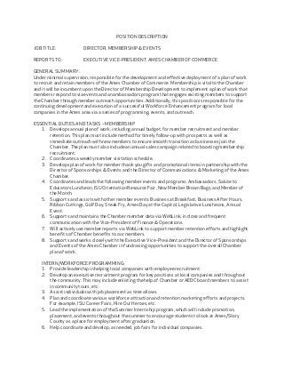 POSITION DESCRIPTION
JOB TITLE: DIRECTOR, MEMBERSHIP & EVENTS
REPORTS TO: EXECUTIVE VICE-PRESIDENT, AMES CHAMBER OF COMMERCE
GENERAL SUMMARY:
Under minimal supervision, responsible for the development and effective deployment of a plan of work
to recruit and retain members of the Ames Chamber of Commerce. Membership is vital to the Chamber
and it will be incumbent upon the Director of Membership Development to implement a plan of work that
members respond to via events and an ambassadors program that engages existing members to support
the Chamber through member outreach opportunities. Additionally, this position is responsible for the
continuing development and execution of a successful Workforce Enhancement program for local
companies in the Ames area via a series of programming, events, and outreach.
ESSENTIAL DUTIES AND TASKS – MEMBERSHIP
1. Develops annual plan of work, including annual budget, for member recruitment and member
retention. This plan must include method for timely follow-up with prospects as well as
immediate outreach with new members to ensure smooth transition as businesses join the
Chamber. The plan must also include an annual sales campaign related to boosting membership
recruitment.
2. Coordinates a weekly member visitation schedule.
3. Develops plan of work for member thank you gifts and promotional items in partnership with the
Director of Sponsorships & Events and the Director of Communications & Marketing of the Ames
Chamber.
4. Coordinates and leads the following member events and programs: Ambassadors, Salute to
Educators Luncheon, ISU Orientation Resource Fair, New Member Brown Bags, and Member of
the Month.
5. Supports and assists with other member events: Business at Breakfast, Business After Hours,
Ribbon Cuttings, Golf Day, Steak Fry, Ames Day at the Capitol, Legislative Luncheons, Annual
Event.
6. Supports and maintains the Chamber member data via WebLink, in close and frequent
communication with the Vice-President of Finance & Operations.
7. Will actively use member reports via WebLink to support member retention efforts and highlight
benefits of Chamber benefits to our members.
8. Supports and works closely with the Executive Vice-President and the Director of Sponsorships
and Events of the Ames Chamber in fundraising opportunities to support the overall Chamber
plan of work.
INTERN/WORKFORCE PROGRAMMING:
1. Provide leadership in helping local companies with employee recruitment.
2. Develop an executive recruitment program for key positions at local companies and throughout
the community. This may include enlisting the help of Chamber or AEDC board members to assist
in community tours, etc.
3. Assist individuals with job placement as time allows.
4. Plan and coordinate various workforce attraction and retention marketing efforts and projects.
For example, ISU Career Fairs, Hire Our Heroes, etc.
5. Lead the implementation of the Summer Internship program, which will include promotion,
placement, and events throughout the summer to encourage students to look at Ames/Story
County as a place for employment after graduation.
6. Help coordinate and develop, as needed, job fairs for individual companies.
 