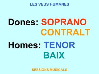LES VEUS HUMANES     Dones:  SOPRANO                  CONTRALT     Homes:  TENOR                   BAIX SESSIONS MUSICALS 