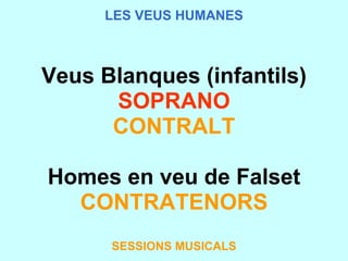 LES VEUS HUMANES Veus Blanques (infantils)   SOPRANO CONTRALT Homes en veu de Falset CONTRATENORS SESSIONS MUSICALS 