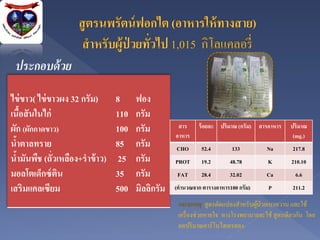 ประกอบด้ วย
ไข่ ขาว( ไข่ ขาวผง 32 กรัม)     8     ฟอง
เนือสั นในไก่
      ้                         110   กรัม
ผัก (ผักกาดขาว)                 100   กรัม         สาร
                                                  อาหาร
                                                           ร้ อยละ ปริมาณ (กรัม) สารอาหาร    ปริมาณ
                                                                                              (mg.)
นาตาลทราย
  ้                             85    กรัม        CHO       52.4       133          Na        217.8
นามันพืช (ถั่วเหลือง+ราข้ าว)
    ้                            25   กรัม        PROT      19.2       48.78         K        210.10
มอลโตเด็กซ์ ติน                 35    กรัม         FAT      28.4       32.02        Ca         6.6
เสริมแคลเซียม                   500   มิลลิกรัม   (คานวณจาก ตารางอาหาร100 กรัม)      P        211.2

                                                   หมายเหตุ สูตรดัดแปลงสาหรับผูป่วยเบาหวาน และใช้
                                                                                ้
                                                   เครื่ องช่วยหายใจ ทางโรงพยาบาลจะใช้ สูตรเดียวกัน โดย
                                                   ลดปริ มาณคาร์โบไฮเดรตลง
 