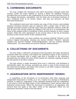GNU Free Documentation License


5. COMBINING DOCUMENTS
   You may combine the Document with other documents released under this
License, under the terms defined in section 4 above for modified versions,
provided that you include in the combination all of the Invariant Sections of all of
the original documents, unmodified, and list them all as Invariant Sections of
your combined work in its license notice, and that you preserve all their
Warranty Disclaimers.

     The combined work need only contain one copy of this License, and multiple
identical Invariant Sections may be replaced with a single copy. If there are
multiple Invariant Sections with the same name but different contents, make the
title of each such section unique by adding at the end of it, in parentheses, the
name of the original author or publisher of that section if known, or else a unique
number. Make the same adjustment to the section titles in the list of Invariant
Sections in the license notice of the combined work.

    In the combination, you must combine any sections Entitled "History" in the
various original documents, forming one section Entitled "History"; likewise
combine any sections Entitled "Acknowledgements", and any sections Entitled
"Dedications". You must delete all sections Entitled "Endorsements."


6. COLLECTIONS OF DOCUMENTS
    You may make a collection consisting of the Document and other documents
released under this License, and replace the individual copies of this License in
the various documents with a single copy that is included in the collection,
provided that you follow the rules of this License for verbatim copying of each of
the documents in all other respects.

    You may extract a single document from such a collection, and distribute it
individually under this License, provided you insert a copy of this License into
the extracted document, and follow this License in all other respects regarding
verbatim copying of that document.


7. AGGREGATION WITH INDEPENDENT WORKS
    A compilation of the Document or its derivatives with other separate and
independent documents or works, in or on a volume of a storage or distribution
medium, is called an "aggregate" if the copyright resulting from the compilation
is not used to limit the legal rights of the compilation's users beyond what the
individual works permit. When the Document is included in an aggregate, this
License does not apply to the other works in the aggregate which are not
themselves derivative works of the Document.



                                                                    Wikibooks | 69
 