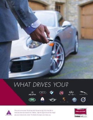WHAT DRIVES YOU?
This ad comes alive. Download the Aurasma app from the iOS or
Android store and search for “Niello”. Use the app to scan the image
above and discover where The Niello Company can take you.
 