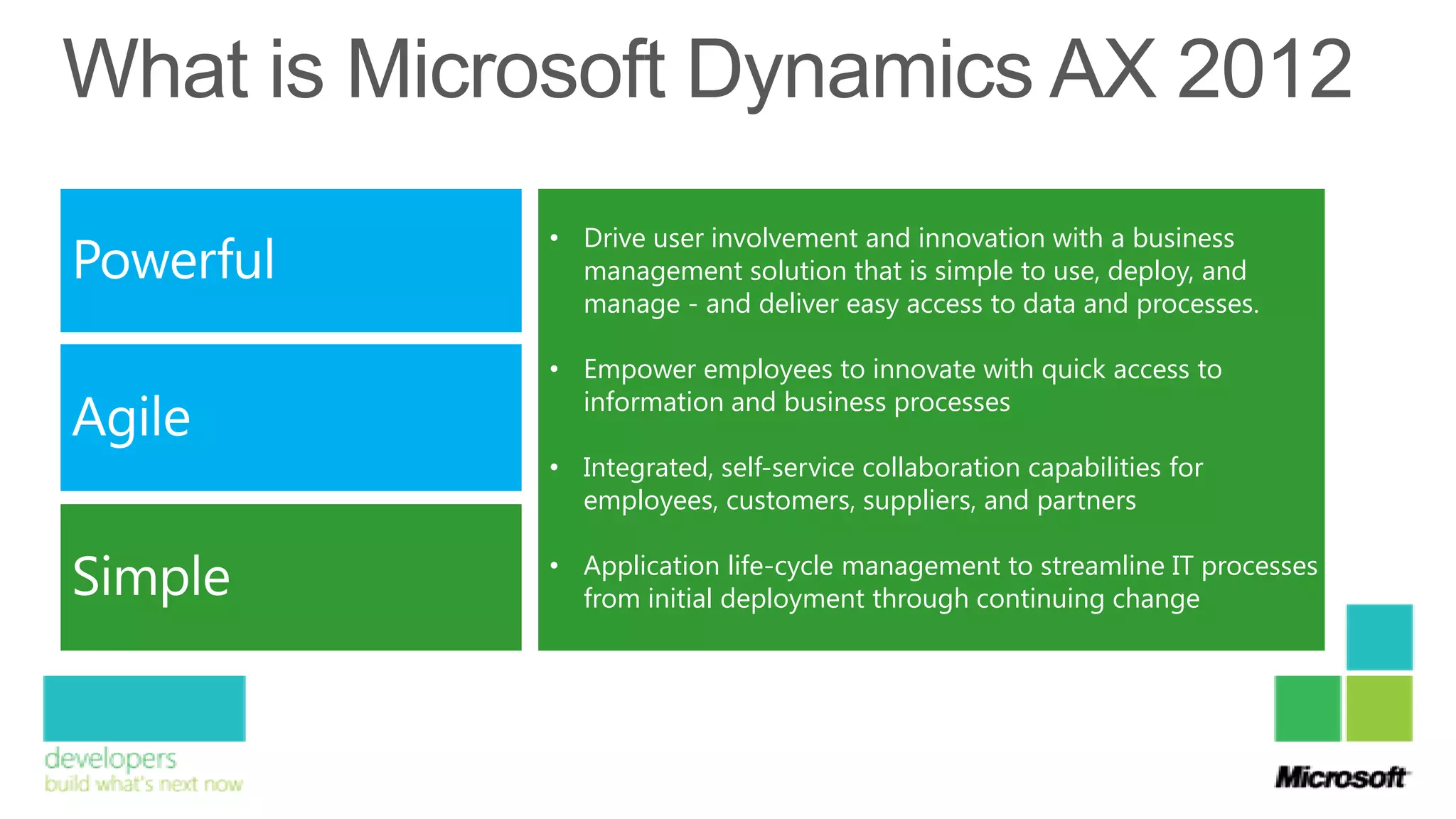 • Drive user involvement and innovation with a business
  management solution that is simple to use, deploy, and
  manage - and deliver easy access to data and processes.

• Empower employees to innovate with quick access to
  information and business processes

• Integrated, self-service collaboration capabilities for
  employees, customers, suppliers, and partners

• Application life-cycle management to streamline IT processes
  from initial deployment through continuing change
 