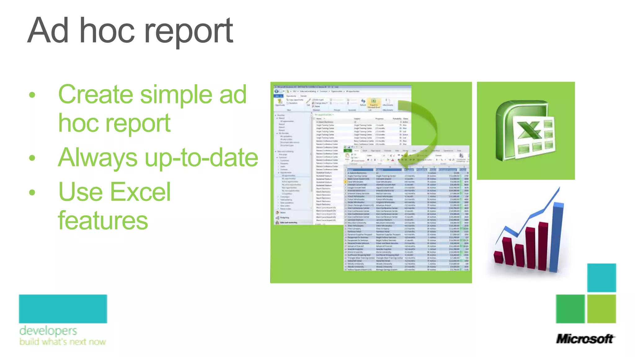 • Create simple ad
  hoc report
• Always up-to-date
• Use Excel
  features
 