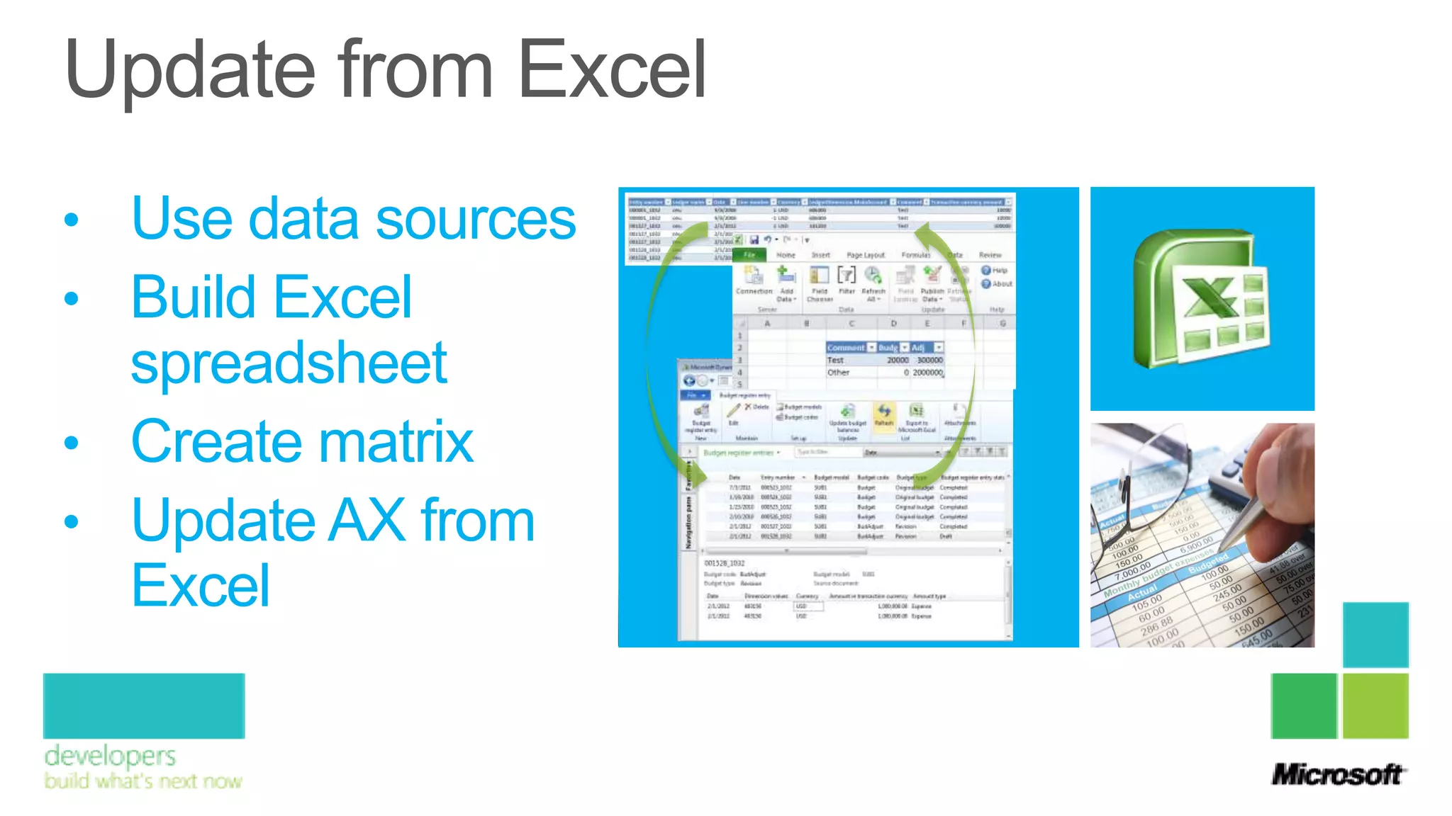 • Use data sources
• Build Excel
  spreadsheet
• Create matrix
• Update AX from
  Excel
 