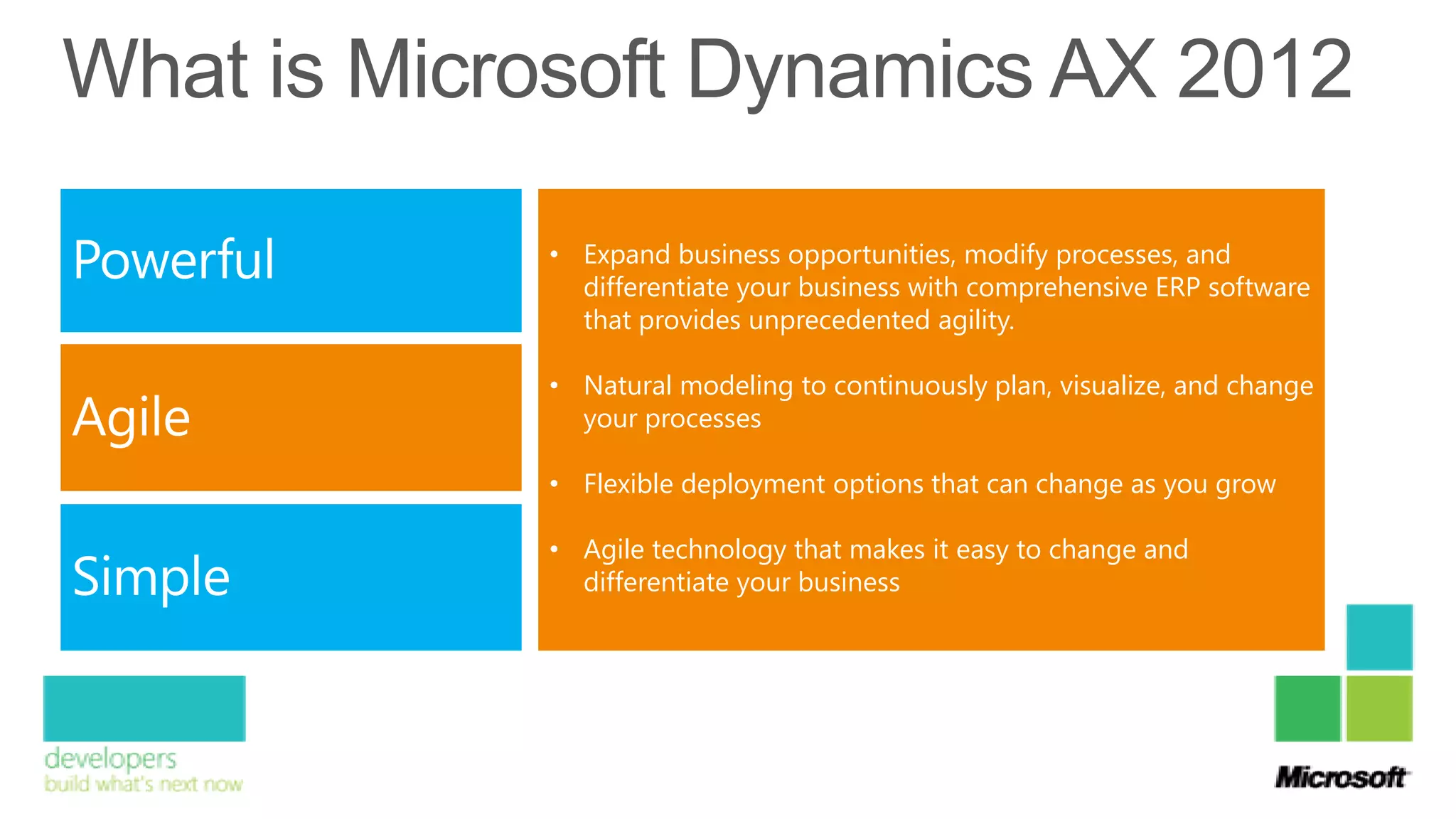 • Expand business opportunities, modify processes, and
  differentiate your business with comprehensive ERP software
  that provides unprecedented agility.

• Natural modeling to continuously plan, visualize, and change
  your processes

• Flexible deployment options that can change as you grow

• Agile technology that makes it easy to change and
  differentiate your business
 