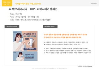 275 디지털 미디어 광고 사례_Internet
Campaign Result
A. 아모레퍼시픽– IOPE 더마리페어 캠페인
· Target : 2534 여성
· Period : 2017년 8월 14일 ~ 2017년 9월 17일
· Media : 유튜브 / 페이스북 / GDN / 네이버 / 인스타그램 / 시럽월렛
Campaign Creative
www.nasmedia.co.kr Copyright ⓒ 2017 NASMEDIA Co., LTD. All Right Reserved
유튜브 중심의 동영상 상품 집행을 통한 신제품 영상 조회수 극대화
정밀 타깃팅이 가능한 DA 지면을 활용하여 구매 전환 유도
 신제품 메인 영상 조회수를 확보함과 동시에 구매페이지 유입 확산을 위한 캠페인 진행
 광고 목적에 따라 캠페인을 분리하여 최적화 상품 운영 및 타깃팅 적용
1) 장초수 소재 재생완료율이 높은 유튜브에 영상 광고를 집중 노출하여 비용 효율성 제고
2) 광고주 페이지 방문자 및 관련 제품에 반응을 보인 잠재 고객을 타깃팅하여 유효 메시지 전달
3) 페이스북 동영상 광고 집행 시 ‘샵 태그’를 적용하여 영상 조회 및 구매페이지 유입 동시 확보
*Source : 나스미디어 내부 자료
 