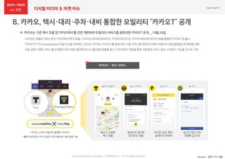 275 디지털 미디어 & 마켓 이슈
www.nasmedia.co.kr Copyright ⓒ NASMEDIA Co., LTD. All Right Reserved *Source : 관련 기사 내용
 카카오는 기존 택시 호출 앱 ‘카카오택시’를전면 개편하여 모빌리티 서비스를 총망라한 ‘카카오T’ 공개 _ 10월 24일
카카오T – 주요 서비스
빠르고 간편한
택시 호출
결제까지 편리한
대리운전 호출
실시간 정보 기반
정확한 길 안내
TransportationTaxi
• 카카오 스마트 모빌리티 플랫폼 ‘카카오T’
• 블랙, 대리운전, 주차 요금은 카카오페이로 자동 결제 가능
▲택시/블랙 ▲드라이버 ▲내비
:카카오는개별로서비스하던카카오택시(택시호출),카카오드라이버(대리운전),카카오파킹(주차),카카오내비(내비게이션)등을통합한‘카카오T’앱 출시
:‘카카오T’의 ‘T’는Transportation(이동수단)을의미하는것으로,카카오는‘카카오T’를 통해모든이동서비스를제공하고향후 모빌리티전문플랫폼으로확장할계획
:이동관련 다양한서비스를연계함으로써이용자를확보하고이를통해맞춤형광고,카카오페이연동을통한자동결제서비스등의 수익화가가능할것으로기대
주차장 검색, 예약,
결제까지 한번에
P
▲주차
 