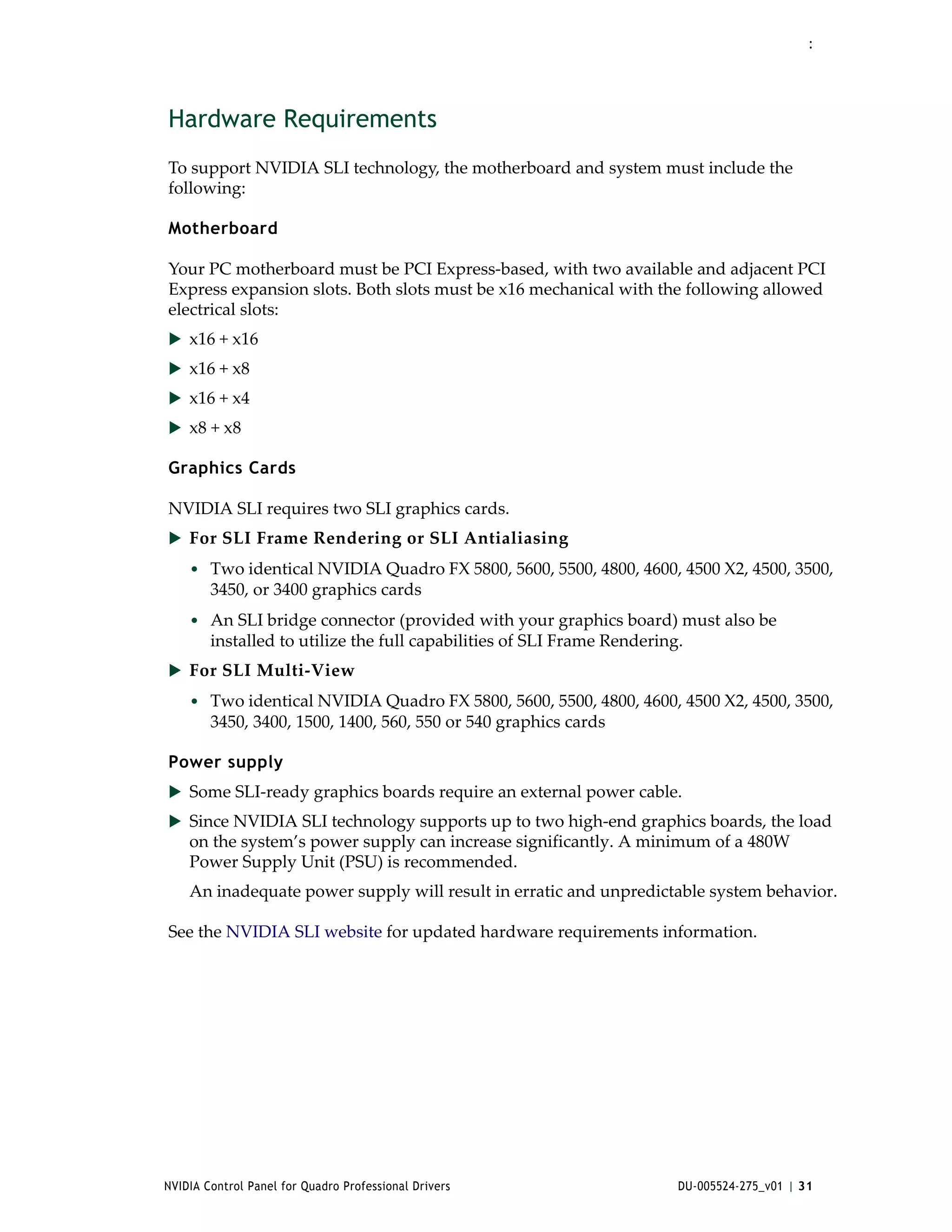 :




Hardware Requirements
To support NVIDIA SLI technology, the motherboard and system must include the 
following:

Motherboard

Your PC motherboard must be PCI Express‐based, with two available and adjacent PCI 
Express expansion slots. Both slots must be x16 mechanical with the following allowed 
electrical slots:
 x16 + x16
 x16 + x8
 x16 + x4
 x8 + x8

Graphics Cards

NVIDIA SLI requires two SLI graphics cards. 
 For SLI Frame Rendering or SLI Antialiasing
    • Two identical NVIDIA Quadro FX 5800, 5600, 5500, 4800, 4600, 4500 X2, 4500, 3500, 
        3450, or 3400 graphics cards 
    • An SLI bridge connector (provided with your graphics board) must also be 
        installed to utilize the full capabilities of SLI Frame Rendering.
 For SLI Multi‐View 
    • Two identical NVIDIA Quadro FX 5800, 5600, 5500, 4800, 4600, 4500 X2, 4500, 3500, 
        3450, 3400, 1500, 1400, 560, 550 or 540 graphics cards 

Power supply
 Some SLI‐ready graphics boards require an external power cable. 
 Since NVIDIA SLI technology supports up to two high‐end graphics boards, the load 
    on the system’s power supply can increase significantly. A minimum of a 480W 
    Power Supply Unit (PSU) is recommended. 
    An inadequate power supply will result in erratic and unpredictable system behavior.

See the NVIDIA SLI website for updated hardware requirements information.




NVIDIA Control Panel for Quadro Professional Drivers                     DU-005524-275_v01 | 31
 