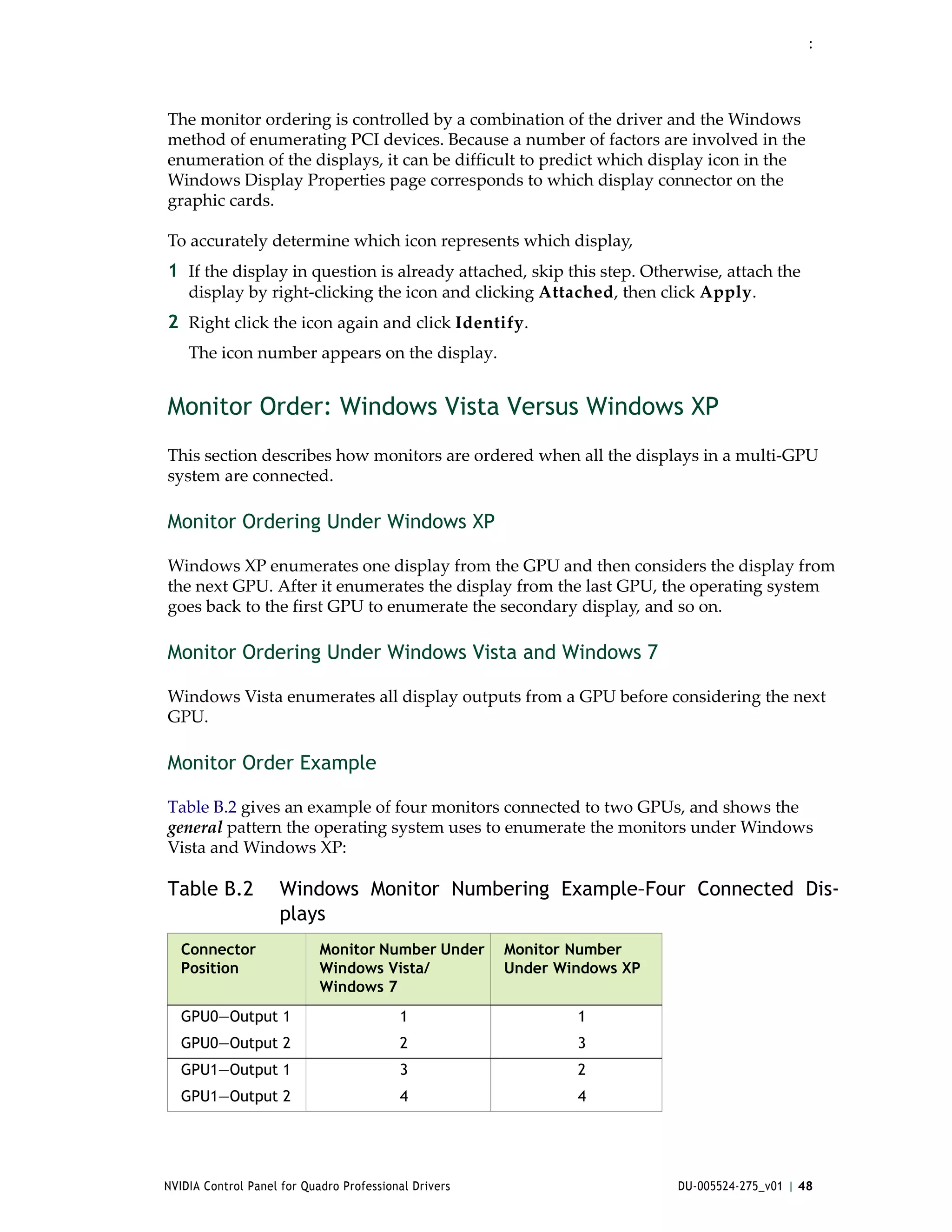 :




The monitor ordering is controlled by a combination of the driver and the Windows  
method of enumerating PCI devices. Because a number of factors are involved in the 
enumeration of the displays, it can be difficult to predict which display icon in the 
Windows Display Properties page corresponds to which display connector on the 
graphic cards. 

To accurately determine which icon represents which display, 
1 If the display in question is already attached, skip this step. Otherwise, attach the 
    display by right‐clicking the icon and clicking Attached, then click Apply.
2 Right click the icon again and click Identify. 
    The icon number appears on the display.


Monitor Order: Windows Vista Versus Windows XP
This section describes how monitors are ordered when all the displays in a multi‐GPU 
system are connected.

Monitor Ordering Under Windows XP

Windows XP enumerates one display from the GPU and then considers the display from 
the next GPU. After it enumerates the display from the last GPU, the operating system 
goes back to the first GPU to enumerate the secondary display, and so on.

Monitor Ordering Under Windows Vista and Windows 7

Windows Vista enumerates all display outputs from a GPU before considering the next 
GPU.

Monitor Order Example

Table B.2 gives an example of four monitors connected to two GPUs, and shows the 
general pattern the operating system uses to enumerate the monitors under Windows 
Vista and Windows XP: 

Table B.2           Windows Monitor Numbering Example–Four Connected Dis-
                    plays
   Connector                Monitor Number Under       Monitor Number
   Position                 Windows Vista/             Under Windows XP
                            Windows 7
   GPU0—Output 1                          1                    1
   GPU0—Output 2                          2                    3
   GPU1—Output 1                          3                    2
   GPU1—Output 2                          4                    4




NVIDIA Control Panel for Quadro Professional Drivers                      DU-005524-275_v01 | 48
 