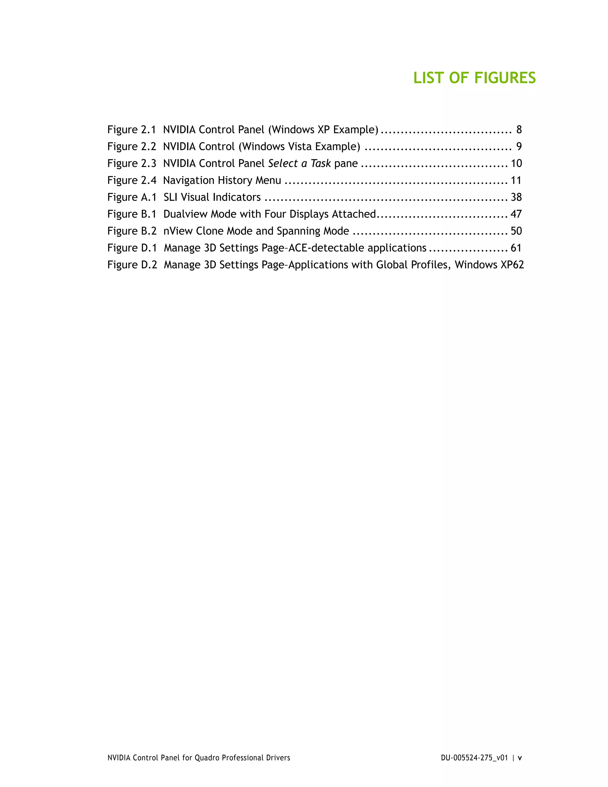 LIST OF FIGURES


Figure 2.1 NVIDIA Control Panel (Windows XP Example) ................................. 8
Figure 2.2 NVIDIA Control (Windows Vista Example) ..................................... 9
Figure 2.3 NVIDIA Control Panel Select a Task pane ..................................... 10
Figure 2.4 Navigation History Menu ........................................................ 11
Figure A.1 SLI Visual Indicators ............................................................. 38
Figure B.1 Dualview Mode with Four Displays Attached................................. 47
Figure B.2 nView Clone Mode and Spanning Mode ....................................... 50
Figure D.1 Manage 3D Settings Page–ACE-detectable applications .................... 61
Figure D.2 Manage 3D Settings Page–Applications with Global Profiles, Windows XP62




NVIDIA Control Panel for Quadro Professional Drivers                          DU-005524-275_v01 | v
 