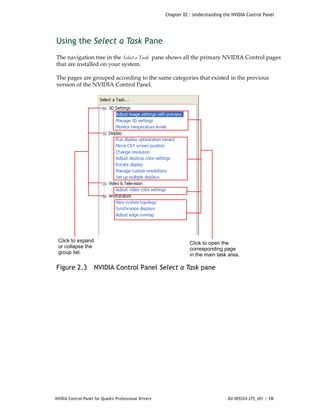 Chapter 02 : Understanding the NVIDIA Control Panel




Using the Select a Task Pane
The navigation tree in the Select a Task  pane shows all the primary NVIDIA Control pages 
that are installed on your system. 

The pages are grouped according to the same categories that existed in the previous 
version of the NVIDIA Control Panel. 




 Click to expand                                                  Click to open the
 or collapse the                                                  corresponding page
 group list.                                                      in the main task area.

Figure 2.3          NVIDIA Control Panel Select a Task pane




NVIDIA Control Panel for Quadro Professional Drivers                                DU-005524-275_v01 | 10
 