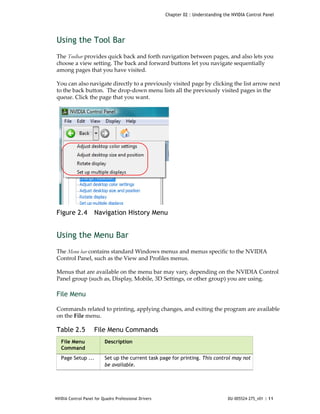 Chapter 02 : Understanding the NVIDIA Control Panel




Using the Tool Bar
The Toolbar provides quick back and forth navigation between pages, and also lets you 
choose a view setting. The back and forward buttons let you navigate sequentially 
among pages that you have visited.

You can also navigate directly to a previously visited page by clicking the list arrow next 
to the back button.  The drop‐down menu lists all the previously visited pages in the 
queue. Click the page that you want.  




Figure 2.4           Navigation History Menu


Using the Menu Bar
The Menu bar contains standard Windows menus and menus specific to the NVIDIA 
Control Panel, such as the View and Profiles menus.

Menus that are available on the menu bar may vary, depending on the NVIDIA Control 
Panel group (such as, Display, Mobile, 3D Settings, or other group) you are using. 

File Menu

Commands related to printing, applying changes, and exiting the program are available 
on the File menu. 

Table 2.5            File Menu Commands
   File Menu              Description
   Command
   Page Setup ...         Set up the current task page for printing. This control may not
                          be available.




NVIDIA Control Panel for Quadro Professional Drivers                                DU-005524-275_v01 | 11
 