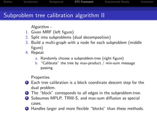 Outline Introduction Background STC Framework Experimental Results Conclusion
Subproblem tree calibration algorithm II
Algorithm -
1. Given MRF (left ﬁgure)
2. Split into subproblems (dual decomposition)
3. Build a multi-graph with a node for each subproblem (middle
ﬁgure)
4. Repeat
a. Randomly choose a subproblem-tree (right ﬁgure)
b. “Calibrate” the tree by max-product / min-sum message
passing
Properties
1 Each tree calibration is a block coordinate descent step for the
dual problem.
2 The “block” corresponds to all edges in the subproblem-tree.
3 Subsumes MPLP, TRW-S, and max-sum diﬀusion as special
cases.
4 Handles larger and more ﬂexible “blocks” than these methods.
 