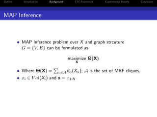 Outline Introduction Background STC Framework Experimental Results Conclusion
MAP Inference
MAP Inference problem over X and graph strcuture
G = {V, E} can be formulated as
maximize
X
Θ(X)
Where Θ(X) = α∈A θα(Xα); A is the set of MRF cliques.
xi ∈ V al(Xi) and x = x1:N
 