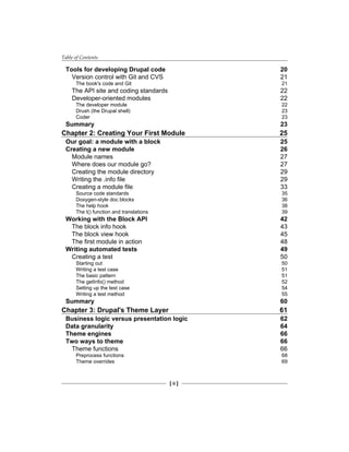Table of Contents
[ ii ]
Tools for developing Drupal code 20
Version control with Git and CVS 21
The book's code and Git 21
The API site and coding standards 22
Developer-oriented modules 22
The developer module 22
Drush (the Drupal shell) 23
Coder 23
Summary 23
Chapter 2: Creating Your First Module 25
Our goal: a module with a block 25
Creating a new module 26
Module names 27
Where does our module go? 27
Creating the module directory 29
Writing the .info file 29
Creating a module file 33
Source code standards 35
Doxygen-style doc blocks 36
The help hook 38
The t() function and translations 39
Working with the Block API 42
The block info hook 43
The block view hook 45
The first module in action 48
Writing automated tests 49
Creating a test 50
Starting out 50
Writing a test case 51
The basic pattern 51
The getInfo() method 52
Setting up the test case 54
Writing a test method 55
Summary 60
Chapter 3: Drupal's Theme Layer 61
Business logic versus presentation logic 62
Data granularity 64
Theme engines 66
Two ways to theme 66
Theme functions 66
Preprocess functions 68
Theme overrides 69
 