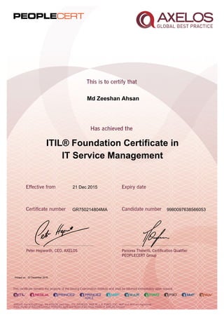 Md Zeeshan Ahsan
ITIL® Foundation Certificate in
IT Service Management
21 Dec 2015
GR750214804MA 9980097638566053
Printed on 23 December 2015
 