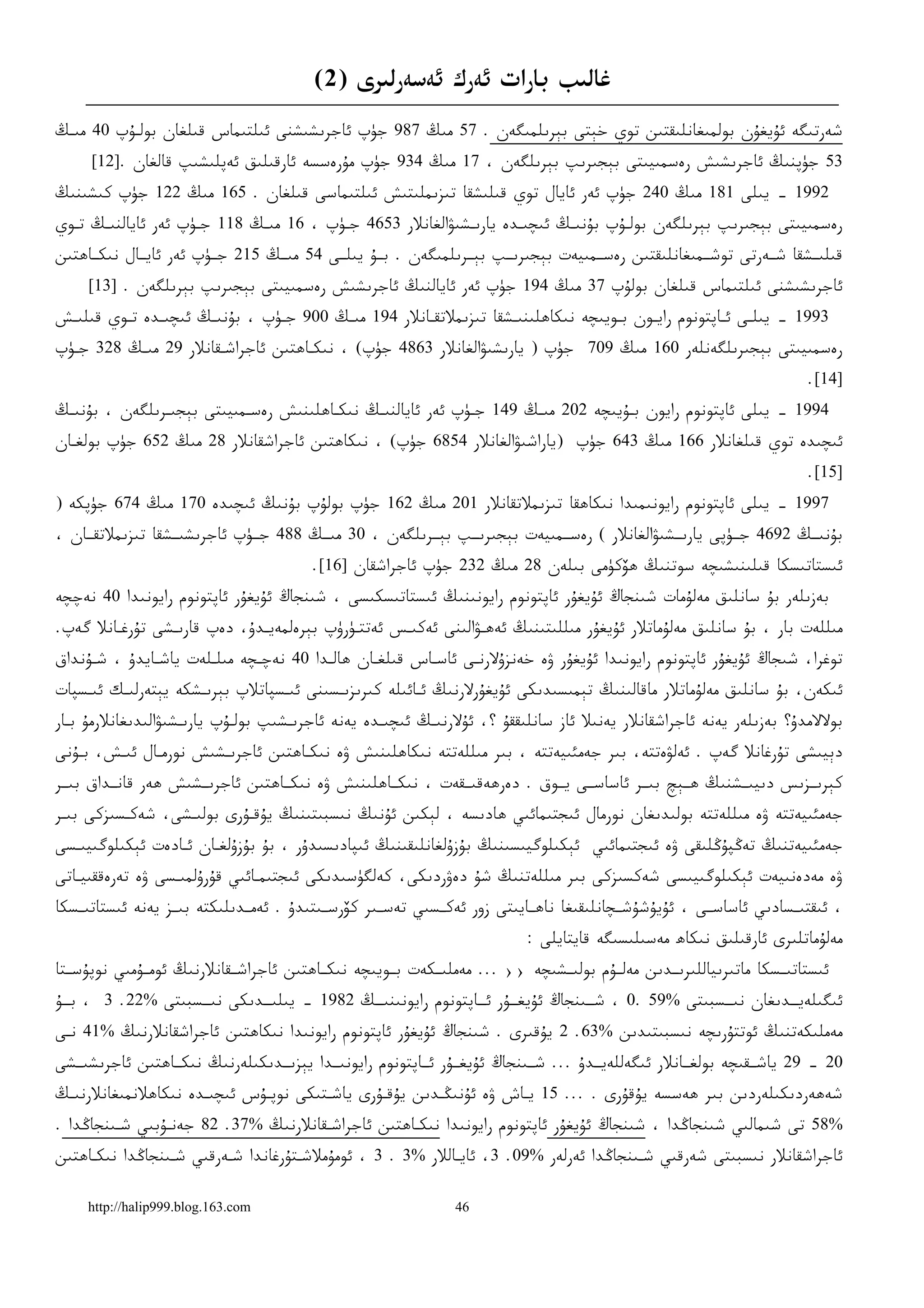 ‫ﻏﺎﻟﯩﺐ ﺑﺎﺭﺍﺕ ﺋﻪﺭﻙ ﺋﻪﺳﻪﺭﻟﯩﺮﻯ )2(‬
‫ﺷﻪﺭﺗﯩﮕﻪ ﺋﯘﻳﻐﯘﻥ ﺑﻮﻟﻤﯩﻐﺎﻧﻠﯩﻘﺘﯩﻦ ﺗﻮﻱ ﺧﯧﺘﻰ ﺑﯧﺮﯨﻠﻤﯩﮕﻪﻥ . 75 ﻣﯩﯔ 789 ﺟﯜﭖ ﺋﺎﺟﺮﯨﺸﯩﺸﻨﻰ ﺋﯩﻠﺘﯩﻤﺎﺱ ﻗﯩﻠﻐﺎﻥ ﺑﻮﻟـﯘﭖ 04 ﻣﯩـﯔ‬
     ‫35 ﺟﯜﭘﻨﯩﯔ ﺋﺎﺟﺮﯨﺸﯩﺶ ﺭﻩﺳﻤﯩﻴﯩﺘﻰ ﺑﯧﺠﯩﺮﯨﭗ ﺑﯧﺮﯨﻠﮕﻪﻥ ، 71 ﻣﯩﯔ 439 ﺟﯜﭖ ﻣﯘﺭﻩﺳﺴﻪ ﺋﺎﺭﻗﯩﻠﯩﻖ ﺋﻪﭘﻠﯩﺸﯩﭗ ﻗﺎﻟﻐﺎﻥ .]21[‬
‫2991 – ﻳﯩﻠﻰ 181 ﻣﯩﯔ 042 ﺟﯜﭖ ﺋﻪﺭ ﺋﺎﻳﺎﻝ ﺗﻮﻱ ﻗﯩﻠﯩﺸﻘﺎ ﺗﯩﺰﯨﻤﻠﯩﺘﯩﺶ ﺋﯩﻠﺘﯩﻤﺎﺳﻰ ﻗﯩﻠﻐﺎﻥ . 561 ﻣﯩﯔ 221 ﺟﯜﭖ ﻛﯩﺸﯩﻨﯩﯔ‬
‫ﺭﻩﺳﻤﯩﻴﯩﺘﻰ ﺑﯧﺠﯩﺮﯨﭗ ﺑﯧﺮﯨﻠﮕﻪﻥ ﺑﻮﻟـﯘﭖ ﺑﯘﻧﯩـﯔ ﺋﯩﭽﯩـﺪﻩ ﻳﺎﺭﯨـﺸﯩﯟﺍﻟﻐﺎﻧﻼﺭ 3564 ﺟـﯜﭖ ، 61 ﻣﯩـﯔ 811 ﺟـﯜﭖ ﺋﻪﺭ ﺋﺎﻳﺎﻟﻨﯩـﯔ ﺗـﻮﻱ‬
‫ﻗﯩﻠﯩــﺸﻘﺎ ﺷــﻪﺭﺗﻰ ﺗﻮﺷــﻤﯩﻐﺎﻧﻠﯩﻘﺘﯩﻦ ﺭﻩﺳــﻤﯩﻴﻪﺕ ﺑﯧﺠﯩﺮﯨــﭗ ﺑﯧــﺮﯨﻠﻤﯩﮕﻪﻥ . ﺑــﯘ ﻳﯩﻠــﻰ 45 ﻣﯩــﯔ 512 ﺟــﯜﭖ ﺋﻪﺭ ﺋﺎﻳــﺎﻝ ﻧﯩﻜــﺎﮬﺘﯩﻦ‬
     ‫ﺋﺎﺟﺮﯨﺸﯩﺸﻨﻰ ﺋﯩﻠﺘﯩﻤﺎﺱ ﻗﯩﻠﻐﺎﻥ ﺑﻮﻟﯘﭖ 73 ﻣﯩﯔ 491 ﺟﯜﭖ ﺋﻪﺭ ﺋﺎﻳﺎﻟﻨﯩﯔ ﺋﺎﺟﺮﯨﺸﯩﺶ ﺭﻩﺳﻤﯩﻴﯩﺘﻰ ﺑﯧﺠﯩﺮﯨﭗ ﺑﯧﺮﯨﻠﮕﻪﻥ . ]31[‬
‫3991 – ﻳﯩﻠـﻰ ﺋـﺎﭘﺘﻮﻧﻮﻡ ﺭﺍﻳـﻮﻥ ﺑـﻮﻳﯩﭽﻪ ﻧﯩﻜﺎﮬﻠﯩﻨﯩـﺸﻘﺎ ﺗﯩﺰﯨﻤﻼﺗﻘـﺎﻧﻼﺭ 491 ﻣﯩـﯔ 009 ﺟـﯜﭖ ، ﺑﯘﻧﯩـﯔ ﺋﯩﭽﯩـﺪﻩ ﺗـﻮﻱ ﻗﯩﻠﯩـﺶ‬
 ‫ـ‬       ‫ـ‬    ‫ـ‬      ‫ـ‬         ‫ـ‬       ‫ـ‬           ‫ـ‬            ‫ـ‬               ‫ـ‬    ‫ـ‬           ‫ـ ـ‬
‫ﺭﻩﺳﻤﯩﻴﯩﺘﻰ ﺑﯧﺠﯩﺮﯨﻠﮕﻪﻧﻠﻪﺭ 061 ﻣﯩﯔ 907 ﺟﯜﭖ ) ﻳﺎﺭﯨﺸﯩﯟﺍﻟﻐﺎﻧﻼﺭ 3684 ﺟﯜﭖ( ، ﻧﯩﻜـﺎﮬﺘﯩﻦ ﺋﺎﺟﺮﺍﺷـﻘﺎﻧﻼﺭ 92 ﻣﯩـﯔ 823 ﺟـﯜﭖ‬
                                                                                                                         ‫]41[.‬
‫4991 – ﻳﯩﻠﻰ ﺋﺎﭘﺘﻮﻧﻮﻡ ﺭﺍﻳﻮﻥ ﺑـﯘﻳﯩﭽﻪ 202 ﻣﯩـﯔ 941 ﺟـﯜﭖ ﺋﻪﺭ ﺋﺎﻳﺎﻟﻨﯩـﯔ ﻧﯩﻜـﺎﮬﻠﯩﻨﯩﺶ ﺭﻩﺳـﻤﯩﻴﯩﺘﻰ ﺑﯧﺠﯩـﺮﯨﻠﮕﻪﻥ ، ﺑﯘﻧﯩـﯔ‬
‫ﺋﯩﭽﯩﺪﻩ ﺗﻮﻱ ﻗﯩﻠﻐﺎﻧﻼﺭ 661 ﻣﯩﯔ 346 ﺟﯜﭖ )ﻳﺎﺭﺍﺷﯩﯟﺍﻟﻐﺎﻧﻼﺭ 4586 ﺟﯜﭖ( ، ﻧﯩﻜﺎﮬﺘﯩﻦ ﺋﺎﺟﺮﺍﺷﻘﺎﻧﻼﺭ 82 ﻣﯩﯔ 256 ﺟﯜﭖ ﺑﻮﻟﻐـﺎﻥ‬
                                                                                                                         ‫]51[.‬
‫7991 – ﻳﯩﻠﻰ ﺋﺎﭘﺘﻮﻧﻮﻡ ﺭﺍﻳﻮﻧﯩﻤﯩﺪﺍ ﻧﯩﻜﺎﮬﻘﺎ ﺗﯩﺰﯨﻤﻼﺗﻘﺎﻧﻼﺭ 102 ﻣﯩﯔ 261 ﺟﯜﭖ ﺑﻮﻟﯘﭖ ﺑﯘﻧﯩﯔ ﺋﯩﭽﯩﺪﻩ 071 ﻣﯩﯔ 476 ﺟﯜﭘﻜﻪ )‬
‫ﺑﯘﻧﯩــﯔ 2964 ﺟــﯜﭘﻰ ﻳﺎﺭﯨــﺸﯩﯟﺍﻟﻐﺎﻧﻼﺭ ( ﺭﻩﺳــﻤﯩﻴﻪﺕ ﺑﯧﺠﯩﺮﯨــﭗ ﺑﯧــﺮﯨﻠﮕﻪﻥ ، 03 ﻣﯩــﯔ 884 ﺟــﯜﭖ ﺋﺎﺟﺮﯨﺸﯩــﺸﻘﺎ ﺗﯩﺰﯨﻤﻼﺗﻘــﺎﻥ ،‬
                                         ‫ﺋﯩﺴﺘﺎﺗﯩﺴﻜﺎ ﻗﯩﻠﯩﻨﯩﺸﯩﭽﻪ ﺳﻮﺗﻨﯩﯔ ﮬﯚﻛﯜﻣﻰ ﺑﯩﻠﻪﻥ 82 ﻣﯩﯔ 232 ﺟﯜﭖ ﺋﺎﺟﺮﺍﺷﻘﺎﻥ ]61[.‬
‫ﺑﻪﺯﯨﻠﻪﺭ ﺑﯘ ﺳﺎﻧﻠﯩﻖ ﻣﻪﻟﯘﻣﺎﺕ ﺷﯩﻨﺠﺎﯓ ﺋﯘﻳﻐﯘﺭ ﺋﺎﭘﺘﻮﻧﻮﻡ ﺭﺍﻳﻮﻧﯩﻨﯩﯔ ﺋﯩﺴﺘﺎﺗﯩﺴﻜﯩﺴﻰ ، ﺷﯩﻨﺠﺎﯓ ﺋﯘﻳﻐﯘﺭ ﺋﺎﭘﺘﻮﻧﻮﻡ ﺭﺍﻳﻮﻧﯩﺪﺍ 04 ﻧﻪﭼﭽﻪ‬
‫ﻣﯩﻠﻠﻪﺕ ﺑﺎﺭ ، ﺑﯘ ﺳﺎﻧﻠﯩﻖ ﻣﻪﻟﯘﻣﺎﺗﻼﺭ ﺋﯘﻳﻐﯘﺭ ﻣﯩﻠﻠﯩﺘﯩﻨﯩﯔ ﺋﻪﮬـﯟﺍﻟﯩﻨﻰ ﺋﻪﻛﯩـﺲ ﺋﻪﺗﺘـﯜﺭﯛﭖ ﺑﯧﺮﻩﻟﻤﻪﻳـﺪﯗ، ﺩﻩﭖ ﻗﺎﺭﯨـﺸﻰ ﺗﯘﺭﻏـﺎﻧﻼ ﮔﻪﭖ.‬
‫ﺗﻮﻏﺮﺍ، ﺷﯩﺠﺎﯓ ﺋﯘﻳﻐﯘﺭ ﺋﺎﭘﺘﻮﻧﻮﻡ ﺭﺍﻳﻮﻧﯩﺪﺍ ﺋﯘﻳﻐﯘﺭ ﯞﻩ ﺧﻪﻧﺰﯗﻻﺭﻧـﻰ ﺋﺎﺳـﺎﺱ ﻗﯩﻠﻐـﺎﻥ ﮬﺎﻟـﺪﺍ 04 ﻧﻪﭼـﭽﻪ ﻣﯩﻠـﻠﻪﺕ ﻳﺎﺷـﺎﻳﺪﯗ ، ﺷـﯘﻧﺪﺍﻕ‬
‫ﺋﯩﻜﻪﻥ، ﺑﯘ ﺳﺎﻧﻠﯩﻖ ﻣﻪﻟﯘﻣﺎﺗﻼﺭ ﻣﺎﻗﺎﻟﯩﻨﯩﯔ ﺗﯧﻤﯩﺴﯩﺪﯨﻜﻰ ﺋﯘﻳﻐﯘﺭﻻﺭﻧﯩﯔ ﺋـﺎﺋﯩﻠﻪ ﻛﯩﺮﯨﺰﯨـﺴﯩﻨﻰ ﺋﯩـﺴﭙﺎﺗﻼﭖ ﺑﯧﺮﯨـﺸﻜﻪ ﻳﯧﺘﻪﺭﻟﯩـﻚ ﺋﯩـﺴﭙﺎﺕ‬
‫ﺑﻮﻻﻻﻣﺪﯗ؟ ﺑﻪﺯﯨﻠﻪﺭ ﻳﻪﻧﻪ ﺋﺎﺟﺮﺍﺷﻘﺎﻧﻼﺭ ﻳﻪﻧﯩﻼ ﺋﺎﺯ ﺳﺎﻧﻠﯩﻘﻘﯘ ؟، ﺋﯘﻻﺭﻧﯩـﯔ ﺋﯩﭽﯩـﺪﻩ ﻳﻪﻧﻪ ﺋﺎﺟﺮﯨـﺸﯩﭗ ﺑﻮﻟـﯘﭖ ﻳﺎﺭﯨـﺸﯩﯟﺍﻟﯩﺪﯨﻐﺎﻧﻼﺭﻣﯘ ﺑـﺎﺭ‬
‫ﺩﯦﻴﯩﺸﻰ ﺗﯘﺭﻏﺎﻧﻼ ﮔﻪﭖ . ﺋﻪﻟﯟﻩﺗﺘﻪ، ﺑﯩﺮ ﺟﻪﻣﺌﯩﻴﻪﺗﺘﻪ ، ﺑﯩﺮ ﻣﯩﻠﻠﻪﺗﺘﻪ ﻧﯩﻜﺎﮬﻠﯩﻨﯩﺶ ﯞﻩ ﻧﯩﻜـﺎﮬﺘﯩﻦ ﺋﺎﺟﺮﯨـﺸﯩﺶ ﻧﻮﺭﻣـﺎﻝ ﺋﯩـﺶ، ﺑـﯘﻧﻰ‬
‫ﻛﯧﺮﯨــﺰﯨﺲ ﺩﯨﻴﯩــﺸﻨﯩﯔ ﮬــﯧﭻ ﺑﯩــﺮ ﺋﺎﺳﺎﺳــﻰ ﻳــﻮﻕ . ﺩﻩﺭﮬﻪﻗﯩــﻘﻪﺕ ، ﻧﯩﻜــﺎﮬﻠﯩﻨﯩﺶ ﯞﻩ ﻧﯩﻜــﺎﮬﺘﯩﻦ ﺋﺎﺟﺮﯨــﺸﯩﺶ ﮬﻪﺭ ﻗﺎﻧــﺪﺍﻕ ﺑﯩــﺮ‬
‫ﺟﻪﻣﺌﯩﻴﻪﺗﺘﻪ ﯞﻩ ﻣﯩﻠﻠﻪﺗﺘﻪ ﺑﻮﻟﯩﺪﯨﻐﺎﻥ ﻧﻮﺭﻣﺎﻝ ﺋﯩﺠﺘﯩﻤﺎﺋﯩﻲ ﮬﺎﺩﯨﺴﻪ ، ﻟﯧﻜﯩﻦ ﺋﯘﻧﯩﯔ ﻧﯩﺴﺒﯩﺘﯩﻨﯩﯔ ﻳﯘﻗـﯘﺭﻯ ﺑﻮﻟﯩـﺸﻰ، ﺷﻪﻛـﺴﯩﺰﻛﻰ ﺑﯩـﺮ‬
‫ﺟﻪﻣﺌﯩﻴﻪﺗﻨﯩﯔ ﺗﻪﯕﭙﯘﯕﻠﯩﻘﻰ ﯞﻩ ﺋﯩﺠﺘﯩﻤﺎﺋﯩﻲ ﺋﯧﻜﯩﻠﻮﮔﻴﯩﺴﯩﻨﯩﯔ ﺑﯘﺯﯗﻟﻐﺎﻧﻠﯩﻘﯩﻨﯩﯔ ﺋﯩﭙﺎﺩﯨﺴﯩﺪﯗﺭ ، ﺑﯘ ﺑﯘﺯﯗﻟﻐـﺎﻥ ﺋـﺎﺩﻩﺕ ﺋﯧﻜﯩﻠﻮﮔﯩﻴﯩـﺴﻰ‬
‫ﯞﻩ ﻣﻪﺩﻩﻧﯩﻴﻪﺕ ﺋﯧﻜﯩﻠﻮﮔﯩﻴﯩﺴﻰ ﺷﻪﻛﺴﯩﺰﻛﻰ ﺑﯩﺮ ﻣﯩﻠﻠﻪﺗﻨﯩﯔ ﺷﯘ ﺩﻩﯞﺭﺩﯨﻜﻰ، ﻛﻪﻟﮕﯜﺳﯩﺪﯨﻜﻰ ﺋﯩﺠﺘﯩﻤـﺎﺋﯩﻲ ﻗﯘﺭﯗﻟﻤﯩـﺴﻰ ﯞﻩ ﺗﻪﺭﻩﻗﻘﯩﻴـﺎﺗﻰ‬
‫، ﺋﯩﻘﺘﯩــﺴﺎﺩﯨﻲ ﺋﺎﺳﺎﺳــﻰ ، ﺋﯘﻳﯘﺷﯘﺷــﭽﺎﻧﻠﯩﻘﯩﻐﺎ ﻧﺎﮬــﺎﻳﯩﺘﻰ ﺯﻭﺭ ﺋﻪﻛــﺴﯩﻲ ﺗﻪﺳــﯩﺮ ﻛﯚﺭﺳــﯩﺘﯩﺪﯗ . ﺋﻪﻣــﺪﯨﻠﯩﻜﺘﻪ ﺑﯩــﺰ ﻳﻪﻧﻪ ﺋﯩﺴﺘﺎﺗﯩــﺴﻜﺎ‬
                                                                            ‫ﻣﻪﻟﯘﻣﺎﺗﻠﯩﺮﻯ ﺋﺎﺭﻗﯩﻠﯩﻖ ﻧﯩﻜﺎﮪ ﻣﻪﺳﯩﻠﯩﺴﯩﮕﻪ ﻗﺎﻳﺘﺎﻳﻠﻰ :‬
‫ﺋﯩﺴﺘﺎﺗﯩــﺴﻜﺎ ﻣﺎﺗﯩﺮﯨﻴﺎﻟﻠﯩﺮﯨــﺪﯨﻦ ﻣﻪﻟــﯘﻡ ﺑﻮﻟﯩــﺸﯩﭽﻪ ›› ... ﻣﻪﻣﻠﯩــﻜﻪﺕ ﺑــﻮﻳﯩﭽﻪ ﻧﯩﻜــﺎﮬﺘﯩﻦ ﺋﺎﺟﺮﺍﺷــﻘﺎﻧﻼﺭﻧﯩﯔ ﺋﻮﻣــﯘﻣﯩﻲ ﻧﻮﭘﯘﺳــﺘﺎ‬
‫ﺋﯩﮕﯩﻠﻪﻳــﺪﯨﻐﺎﻥ ﻧﯩــﺴﺒﯩﺘﻰ %95 .0 ، ﺷــﯩﻨﺠﺎﯓ ﺋﯘﻳﻐــﯘﺭ ﺋــﺎﭘﺘﻮﻧﻮﻡ ﺭﺍﻳﻮﻧﯩﻨﯩــﯔ 2891 – ﻳﯩﻠﯩــﺪﯨﻜﻰ ﻧﯩــﺴﺒﯩﺘﻰ %22. 3 ، ﺑــﯘ‬
‫ﻣﻪﻣﻠﯩﻜﻪﺗﻨﯩﯔ ﺋﻮﺗﺘﯘﺭﯨﭽﻪ ﻧﯩﺴﺒﯩﺘﯩﺪﯨﻦ %36. 2 ﻳﯘﻗﯩﺮﻯ . ﺷﯩﻨﺠﺎﯓ ﺋﯘﻳﻐﯘﺭ ﺋﺎﭘﺘﻮﻧﻮﻡ ﺭﺍﻳﻮﻧﯩﺪﺍ ﻧﯩﻜﺎﮬﺘﯩﻦ ﺋﺎﺟﺮﺍﺷﻘﺎﻧﻼﺭﻧﯩﯔ %14 ﻧـﻰ‬
‫02 – 92 ﻳﺎﺷــﻘﯩﭽﻪ ﺑﻮﻟﻐــﺎﻧﻼﺭ ﺋﯩﮕﻪﻟﻠﻪﻳــﺪﯗ ... ﺷــﯩﻨﺠﺎﯓ ﺋﯘﻳﻐــﯘﺭ ﺋــﺎﭘﺘﻮﻧﻮﻡ ﺭﺍﻳﻮﻧﯩــﺪﺍ ﻳﯧﺰﯨــﺪﯨﻜﯩﻠﻪﺭﻧﯩﯔ ﻧﯩﻜــﺎﮬﺘﯩﻦ ﺋﺎﺟﺮﯨﺸﯩــﺸﻰ‬
‫ﺷﻪﮬﻪﺭﺩﯨﻜﯩﻠﻪﺭﺩﯨﻦ ﺑﯩﺮ ﮬﻪﺳﺴﻪ ﻳﯘﻗﯘﺭﻯ . ... 51 ﻳـﺎﺵ ﯞﻩ ﺋﯘﻧﯩﯖـﺪﯨﻦ ﻳﯘﻗـﯘﺭﻯ ﻳﺎﺷـﺘﯩﻜﻰ ﻧﻮﭘـﯘﺱ ﺋﯩﭽﯩـﺪﻩ ﻧﯩﻜﺎﮬﻼﻧﻤﯩﻐﺎﻧﻼﺭﻧﯩـﯔ‬
‫%85 ﺗﻰ ﺷﯩﻤﺎﻟﯩﻲ ﺷﯩﻨﺠﺎﯕﺪﺍ ، ﺷﯩﻨﺠﺎﯓ ﺋﯘﻳﻐﯘﺭ ﺋﺎﭘﺘﻮﻧﻮﻡ ﺭﺍﻳﻮﻧﯩﺪﺍ ﻧﯩﻜـﺎﮬﺘﯩﻦ ﺋﺎﺟﺮﺍﺷـﻘﺎﻧﻼﺭﻧﯩﯔ %73. 28 ﺟﻪﻧـﯘﺑﯩﻲ ﺷـﯩﻨﺠﺎﯕﺪﺍ .‬
‫ﺋﺎﺟﺮﺍﺷﻘﺎﻧﻼﺭ ﻧﯩﺴﺒﯩﺘﻰ ﺷﻪﺭﻗﯩﻲ ﺷـﯩﻨﺠﺎﯕﺪﺍ ﺋﻪﺭﻟﻪﺭ %90. 3، ﺋﺎﻳـﺎﻟﻼﺭ %3 . 3 ، ﺋﻮﻣﯘﻣﻼﺷـﺘﯘﺭﻏﺎﻧﺪﺍ ﺷـﻪﺭﻗﯩﻲ ﺷـﯩﻨﺠﺎﯕﺪﺍ ﻧﯩﻜـﺎﮬﺘﯩﻦ‬

     ‫‪http://halip999.blog.163.com‬‬                               ‫64‬
 