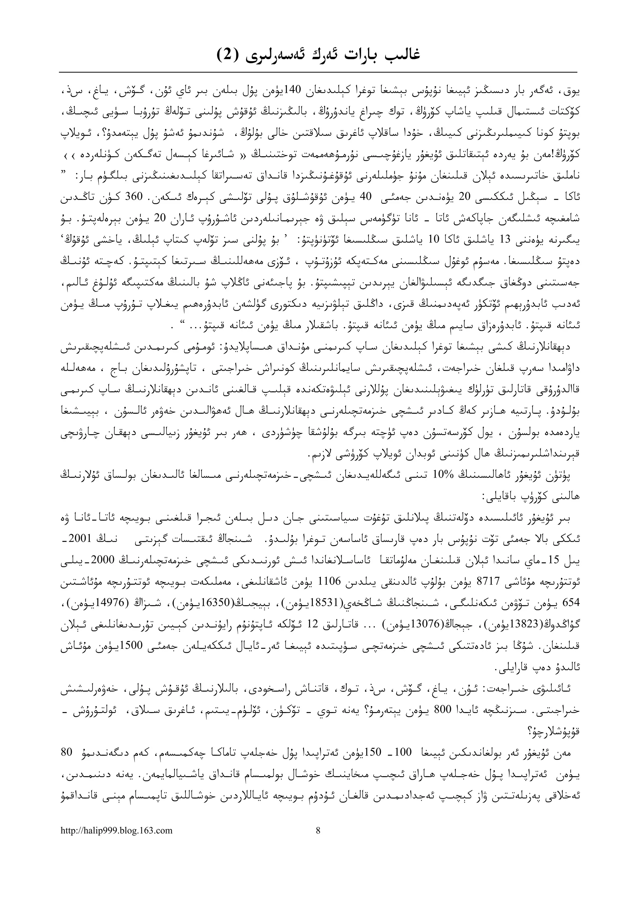 ‫ﻏﺎﻟﯩﺐ ﺑﺎﺭﺍﺕ ﺋﻪﺭﻙ ﺋﻪﺳﻪﺭﻟﯩﺮﻯ )2(‬
‫ﻳﻮﻕ، ﺋﻪﮔﻪﺭ ﺑﺎﺭ ﺩﯨﺴﯩﯖﯩﺰ ﺋﯧﻴﯩﻐﺎ ﻧﯘﭘﯘﺱ ﺑﯧﺸﯩﻐﺎ ﺗﻮﻏﺮﺍ ﻛﯧﻠﯩﺪﯨﻐﺎﻥ 041ﻳﯜﻩﻥ ﭘﯘﻝ ﺑﯩﻠﻪﻥ ﺑﯩﺮ ﺋﺎﻱ ﺋﯘﻥ، ﮔـﯚﺵ، ﻳـﺎﻍ، ﺱذ،‬
‫ﻛﯚﻛﺘﺎﺕ ﺋﯩﺴﺘﯩﻤﺎﻝ ﻗﯩﻠﯩﭗ ﻳﺎﺷﺎﭖ ﻛﯚﺭﯛﯓ، ﺗﻮﻙ ﭼﯩﺮﺍﻍ ﻳﺎﻧﺪﯗﺭﯗﯓ، ﺑﺎﻟﯩﯖﯩﺰﻧﯩﯔ ﺋﯘﻗﯘﺵ ﭘﯘﻟﯩﻨﻰ ﺗـﯚﻟﻪﯓ ﺗﯘﺭﯗﺑـﺎ ﺳـﯜﻳﻰ ﺋﯩﭽﯩـﯔ،‬
‫ﺑﻮﭘﺘﯘ ﻛﻮﻧﺎ ﻛﯩﻴﯩﻤﻠﯩﺮﯨﯖﯩﺰﻧﻰ ﻛﯩﻴﯩﯔ، ﺧﯘﺩﺍ ﺳﺎﻗﻼﭖ ﺋﺎﻏﺮﯨﻖ ﺳﯩﻼﻗﺘﯩﻦ ﺧﺎﻟﻰ ﺑﯘﻟﯘﯓ، ﺷﯘﻧﺪﯨﻤﯘ ﺋﻪﺷﯘ ﭘﯘﻝ ﻳﯧﺘﻪﻣﺪﯗ؟، ﺋـﻮﻳﻼﭖ‬
‫ﻛﯚﺭﯛﯓ!ﻣﻪﻥ ﺑﯘ ﻳﻪﺭﺩﻩ ﺋﯧﺘﯩﻘﺎﺗﻠﯩﻖ ﺋﯘﻳﻐﯘﺭ ﻳﺎﺯﻏﯘﭼﯩـﺴﻰ ﻧﯘﺭﻣـﯘﮬﻪﻣﻤﻪﺕ ﺗﻮﺧﺘﯩﻨﯩـﯔ » ﺷـﺎﺋﯩﺮﻏﺎ ﻛﯧـﺴﻪﻝ ﺗﻪﮔـﻜﻪﻥ ﻛـﯜﻧﻠﻪﺭﺩﻩ ‹‹‬
‫ﻧﺎﻣﻠﯩﻖ ﺧﺎﺗﯩﺮﯨﺴﯩﺪﻩ ﺋﯧﻼﻥ ﻗﯩﻠﯩﻨﻐﺎﻥ ﻣﯘﻧﯘ ﺟﯜﻣﻠﯩﻠﻪﺭﻧﻰ ﺋﯘﻗﯘﻏـﯘﻧﯩﯖﯩﺰﺩﺍ ﻗﺎﻧـﺪﺍﻕ ﺗﻪﺳـﯩﺮﺍﺗﻘﺎ ﻛﯧﻠﯩـﺪﯨﻐﯩﻨﯩﯖﯩﺰﻧﻰ ﺑﯩﻠﮕـﯜﻡ ﺑـﺎﺭ: ”‬
‫ﺋﺎﻛﺎ – ﺳﯧﯖﯩﻞ ﺋﯩﻜﻜﯩﺴﻰ 02 ﻳﯜﻩﻧـﺪﯨﻦ ﺟﻪﻣﺌـﻰ 04 ﻳـﯜﻩﻥ ﺋﯘﻗﯘﺷـﻠﯘﻕ ﭘـﯘﻟﻰ ﺗﯚﻟﯩـﺸﻰ ﻛﯧـﺮﻩﻙ ﺋﯩـﻜﻪﻥ. 063 ﻛـﯜﻥ ﺗﺎﯕـﺪﯨﻦ‬
‫ﺷﺎﻣﻐﯩﭽﻪ ﺋﯩﺸﻠﯩﮕﻪﻥ ﺟﺎﭘﺎﻛﻪﺵ ﺋﺎﺗﺎ – ﺋﺎﻧﺎ ﺗﯜﮔﯜﻣﻪﺱ ﺳﯧﻠﯩﻖ ﯞﻩ ﺟﯧﺮﯨﻤـﺎﻧﯩﻠﻪﺭﺩﯨﻦ ﺋﺎﺷـﯘﺭﯗﭖ ﺋـﺎﺭﺍﻥ 02 ﻳـﯜﻩﻥ ﺑﯧﺮﻩﻟﻪﭘﺘـﯘ. ﺑـﯘ‬
‫ﻳﯩﮕﯩﺮﻧﻪ ﻳﯜﻩﻧﻨﻰ 31 ﻳﺎﺷﻠﯩﻖ ﺋﺎﻛﺎ 01 ﻳﺎﺷﻠﯩﻖ ﺳﯩﯖﻠﯩﺴﯩﻐﺎ ﺋﯚﺗﯜﻧﯜﭘﺘﯘ: ’ ﺑﯘ ﭘﯘﻟﻨﻰ ﺳﯩﺰ ﺗﯚﻟﻪﭖ ﻛﯩﺘﺎﭖ ﺋﯧﻠﯩﯔ، ﻳﺎﺧﺸﻰ ﺋﯘﻗﯘﯓ‘‬
‫ﺩﻩﭘﺘﯘ ﺳﯩﯖﻠﯩﺴﯩﻐﺎ. ﻣﻪﺳﯘﻡ ﺋﻮﻏﯘﻝ ﺳﯩﯖﻠﯩﺴﯩﻨﻰ ﻣﻪﻛـﺘﻪﭘﻜﻪ ﺋﯘﺯﯗﺗـﯘﭖ ، ﺋـﯚﺯﻯ ﻣﻪﮬﻪﻟﻠﯩﻨﯩـﯔ ﺳـﯩﺮﺗﯩﻐﺎ ﻛﯧﺘﯩﭙﺘـﯘ. ﻛﻪﭼـﺘﻪ ﺋﯘﻧﯩـﯔ‬
‫ﺟﻪﺳﯩﺘﯩﻨﻰ ﺩﻭﯕﻐﺎﻕ ﺟﯩﮕﺪﯨﮕﻪ ﺋﯧﺴﯩﻠﯩﯟﺍﻟﻐﺎﻥ ﻳﯧﺮﯨﺪﯨﻦ ﺗﯧﭙﯩﺸﯩﭙﺘﯘ. ﺑﯘ ﭘﺎﺟﯩﺌﻪﻧﻰ ﺋﺎﯕﻼﭖ ﺷﯘ ﺑﺎﻟﯩﻨﯩﯔ ﻣﻪﻛﺘﯩﭙﯩﮕﻪ ﺋﯘﻟـﯘﻍ ﺋـﺎﻟﯩﻢ،‬
‫ﺋﻪﺩﯨﺐ ﺋﺎﺑﺪﯗﺭﯦﮫﯩﻢ ﺋﯚﺗﻜﯜﺭ ﺋﻪﭘﻪﺩﯨﻤﻨﯩﯔ ﻗﯩﺰﻯ، ﺩﺍﯕﻠﯩﻖ ﺗﯧﻠﯟﯨﺰﯨﻴﻪ ﺩﯨﻜﺘﻮﺭﻯ ﮔﯜﻟﺸﻪﻥ ﺋﺎﺑﺪﯗﺭﻩﮬﯩﻢ ﻳﯩﻐـﻼﭖ ﺗـﯘﺭﯗﭖ ﻣﯩـﯔ ﻳـﯜﻩﻥ‬
                           ‫ﺋﯩﺌﺎﻧﻪ ﻗﯩﭙﺘﯘ. ﺋﺎﺑﺪﯗﺭﻩﺯﺍﻕ ﺳﺎﻳﯩﻢ ﻣﯩﯔ ﻳﯜﻩﻥ ﺋﯩﺌﺎﻧﻪ ﻗﯩﭙﺘﯘ. ﺑﺎﺷﻘﯩﻼﺭ ﻣﯩﯔ ﻳﯜﻩﻥ ﺋﯩﺌﺎﻧﻪ ﻗﯩﭙﺘﯘ... “ .‬
‫ﺩﯦﮫﻘﺎﻧﻼﺭﻧﯩﯔ ﻛﯩﺸﻰ ﺑﯧﺸﯩﻐﺎ ﺗﻮﻏﺮﺍ ﻛﯧﻠﯩﺪﯨﻐﺎﻥ ﺳـﺎﭖ ﻛﯩﺮﯨﻤﻨـﻰ ﻣﯘﻧـﺪﺍﻕ ﮬﯩـﺴﺎﭘﻼﻳﺪﯗ: ﺋﻮﻣـﯘﻣﻰ ﻛﯩﺮﯨﻤـﺪﯨﻦ ﺋﯩـﺸﻠﻪﭘﭽﯩﻘﯩﺮﯨﺶ‬
‫ﺩﺍﯞﺍﻣﯩﺪﺍ ﺳﻪﺭﭖ ﻗﯩﻠﻐﺎﻥ ﺧﯩﺮﺍﺟﻪﺕ، ﺋﯩﺸﻠﻪﭘﭽﯩﻘﯩﺮﯨﺶ ﺳﺎﻳﻤﺎﻧﻠﯩﺮﯨﻨﯩﯔ ﻛﻮﻧﯩﺮﺍﺵ ﺧﯩﺮﺍﺟﯩﺘﻰ ، ﺗﺎﭘﺸﯘﺭﯗﻟﯩﺪﯨﻐﺎﻥ ﺑـﺎﺝ ، ﻣﻪﮬﻪﻟـﻠﻪ‬
‫ﻗﺎﺍﻟﺪﯗﺭﯗﻗﻰ ﻗﺎﺗﺎﺭﻟﯩﻖ ﺗﯜﺭﻟﯜﻙ ﻳﯩﻐﯩﯟﯦﻠﯩﻨﯩﺪﯨﻐﺎﻥ ﭘﯘﻟﻼﺭﻧﻰ ﺋﯧﻠﯩﯟﻩﺗﻜﻪﻧﺪﻩ ﻗﯧﻠﯩـﭗ ﻗـﺎﻟﻐﯩﻨﻰ ﺋﺎﻧـﺪﯨﻦ ﺩﯦﮫﻘﺎﻧﻼﺭﻧﯩـﯔ ﺳـﺎﭖ ﻛﯩﺮﯨﻤـﻰ‬
‫ﺑﯘﻟ ـﯘﺩﯗ. ﭘ ـﺎﺭﺗﯩﻴﻪ ﮬ ـﺎﺯﯨﺮ ﻛﻪﯓ ﻛ ـﺎﺩﯨﺮ ﺋﯩ ـﺸﭽﻰ ﺧﯩﺰﻣﻪﺗﭽﯩﻠﻪﺭﻧ ـﻰ ﺩﯦﮫﻘﺎﻧﻼﺭﻧﯩ ـﯔ ﮬ ـﺎﻝ ﺋﻪﮬﯟﺍﻟﯩ ـﺪﯨﻦ ﺧﻪﯞﻩﺭ ﺋﺎﻟ ـﺴﯘﻥ ، ﺑﯧﻴﯩ ـﺸﯩﻐﺎ‬
    ‫ـ‬           ‫ـ‬              ‫ـ‬           ‫ـ‬    ‫ـ‬             ‫ـ‬                 ‫ـ‬        ‫ـ‬           ‫ـ‬         ‫ـ‬       ‫ـ‬
‫ﻳﺎﺭﺩﻩﻣﺪﻩ ﺑﻮﻟﺴﯘﻥ ، ﻳﻮﻝ ﻛﯚﺭﺳﻪﺗﺴﯘﻥ ﺩﻩﭖ ﺋﯜﭼﺘﻪ ﺑﯩﺮﮔﻪ ﺑﯘﻟﯘﺷﻘﺎ ﭼﯜﺷﯜﺭﺩﻯ ، ﮬﻪﺭ ﺑﯩﺮ ﺋﯘﻳﻐﯘﺭ ﺯﯨﻴﺎﻟﯩـﺴﻰ ﺩﯦﮫﻘـﺎﻥ ﭼـﺎﺭﯞﯨﭽﻰ‬
                                                          ‫ﻗﯧﺮﯨﻨﺪﺍﺷﻠﯩﺮﯨﻤﯩﺰﻧﯩﯔ ﮬﺎﻝ ﻛﯜﻧﯩﻨﻰ ﺋﻮﺑﺪﺍﻥ ﺋﻮﻳﻼﭖ ﻛﯚﺭﯛﺷﻰ ﻻﺯﯨﻢ.‬
‫ﭘﯜﺗﯜﻥ ﺋﯘﻳﻐﯘﺭ ﺋﺎﮬﺎﻟﯩﺴﯩﻨﯩﯔ %01 ﺗﯩﻨـﻰ ﺋﯩﮕﻪﻟﻠﻪﻳـﺪﯨﻐﺎﻥ ﺋﯩـﺸﭽﻰ-ﺧﯩﺰﻣﻪﺗﭽﯩﻠﻪﺭﻧـﻰ ﻣﯩـﺴﺎﻟﻐﺎ ﺋﺎﻟﯩـﺪﯨﻐﺎﻥ ﺑﻮﻟـﺴﺎﻕ ﺋﯘﻻﺭﻧﯩـﯔ‬
                                                                                                    ‫ﮬﺎﻟﯩﻨﻰ ﻛﯚﺭﯛﭖ ﺑﺎﻗﺎﻳﻠﻰ:‬
‫ﺑﯩﺮ ﺋﯘﻳﻐﯘﺭ ﺋﺎﺋﯩﻠﯩﺴﯩﺪﻩ ﺩﯙﻟﻪﺗﻨﯩﯔ ﭘﯩﻼﻧﻠﯩﻖ ﺗﯘﻏﯘﺕ ﺳﯩﻴﺎﺳﯩﺘﯩﻨﻰ ﺟـﺎﻥ ﺩﯨـﻞ ﺑﯩـﻠﻪﻥ ﺋﯩﺠـﺮﺍ ﻗﯩﻠﻐﯩﻨـﻰ ﺑـﻮﻳﯩﭽﻪ ﺋﺎﺗـﺎ-ﺋﺎﻧـﺎ ﯞﻩ‬
‫ﻧﯩـﯔ 1002-‬        ‫ﺋﯩﻜﻜﻰ ﺑﺎﻻ ﺟﻪﻣﺌﻰ ﺗﯚﺕ ﻧﯘﭘﯘﺱ ﺑﺎﺭ ﺩﻩﭖ ﻗﺎﺭﯨﺴﺎﻕ ﺋﺎﺳﺎﺳﻪﻥ ﺗـﻮﻏﺮﺍ ﺑﯘﻟﯩـﺪﯗ.·¡ﺷـﯩﻨﺠﺎﯓ ﺋﯩﻘﺘﯩـﺴﺎﺕ ﮔﯧﺰﯨﺘـﻰ‬
‫ﻳﯩﻞ 51-ﻣﺎﻱ ﺳﺎﻧﯩﺪﺍ ﺋﯧﻼﻥ ﻗﯩﻠﯩﻨﻐـﺎﻥ ﻣﻪﻟﯘﻣﺎﺗﻘـﺎ ﺋﺎﺳﺎﺳـﻼﻧﻐﺎﻧﺪﺍ ﺋﯩـﺶ ﺋﻮﺭﻧﯩـﺪﯨﻜﻰ ﺋﯩـﺸﭽﻰ ﺧﯩﺰﻣﻪﺗﭽﯩﻠﻪﺭﻧﯩـﯔ 0002-ﻳﯩﻠـﻰ‬
‫ﺋﻮﺗﺘﯘﺭﯨﭽﻪ ﻣﯘﺋﺎﺷﻰ 7178 ﻳﯜﻩﻥ ﺑﯘﻟﯘﭖ ﺋﺎﻟﺪﯨﻨﻘﻰ ﻳﯩﻠﺪﯨﻦ 6011 ﻳﯜﻩﻥ ﺋﺎﺷﻘﺎﻧﻠﯩﻐﻰ، ﻣﻪﻣﻠﯩﻜﻪﺕ ﺑـﻮﻳﯩﭽﻪ ﺋﻮﺗﺘـﯘﺭﯨﭽﻪ ﻣﯘﺋﺎﺷـﺘﯩﻦ‬
‫456 ﻳـﯜﻩﻥ ﺗـﯚﯞﻩﻥ ﺋﯩﻜﻪﻧﻠﯩﮕـﻰ، ﺷـﯩﻨﺠﺎﯕﻨﯩﯔ ﺷـﺎﯕﺨﻪﻱ)13581ﻳـﯜﻩﻥ(، ﺑﯧﻴﺠﯩـﯔ)05361ﻳـﯜﻩﻥ(، ﺷـﯩﺰﺍﯓ )67941ﻳـﯜﻩﻥ(،‬
     ‫ـ‬            ‫ـ‬       ‫ـ‬        ‫ـ‬           ‫ـ‬            ‫ـ‬          ‫ـ‬    ‫ـ‬             ‫ـ‬     ‫ـ‬
‫ﮔﯘﺍﯕﺪﻭﯓ)32831ﻳﯜﻩﻥ(، ﺟﯧﺠﺎﯓ)67031ﻳـﯜﻩﻥ( ... ﻗﺎﺗـﺎﺭﻟﯩﻖ 21 ﺋـﯚﻟﻜﻪ ﺋـﺎﭘﺘﯘﻧﯘﻡ ﺭﺍﻳﯘﻧـﺪﯨﻦ ﻛﯧـﻴﯩﻦ ﺗﯘﺭﯨـﺪﯨﻐﺎﻧﻠﯩﻐﻰ ﺋـﯧﻼﻥ‬
‫ﻗﯩﻠﯩﻨﻐﺎﻥ. ﺷﯘﯕﺎ ﺑﯩﺰ ﺋﺎﺩﻩﺗﺘﯩﻜﻰ ﺋﯩـﺸﭽﻰ ﺧﯩﺰﻣﻪﺗﭽـﻰ ﺳـﯜﭘﯩﺘﯩﺪﻩ ﺋﯧﻴﯩﻐـﺎ ﺋﻪﺭ-ﺋﺎﻳـﺎﻝ ﺋﯩﻜﻜﻪﻳـﻠﻪﻥ ﺟﻪﻣﺌـﻰ 0051ﻳـﯜﻩﻥ ﻣﯘﺋـﺎﺵ‬
                                                                                                       ‫ﺋﺎﻟﯩﺪﯗ ﺩﻩﭖ ﻗﺎﺭﺍﻳﻠﻰ.‬
‫ﺋـﺎﺋﯩﻠﯩﯟﻯ ﺧﯩـﺮﺍﺟﻪﺕ: ﺋـﯘﻥ، ﻳـﺎﻍ، ﮔـﯚﺵ، ﺱذ، ﺗـﻮﻙ، ﻗﺎﺗﻨـﺎﺵ ﺭﺍﺳـﺨﻮﺩﻯ، ﺑﺎﻟﯩﻼﺭﻧﯩـﯔ ﺋﯘﻗـﯘﺵ ﭘـﯘﻟﻰ، ﺧﻪﯞﻩﺭﻟﯩـﺸﯩﺶ‬
   ‫ـ‬            ‫ـ‬    ‫ـ‬     ‫ـ‬              ‫ـ‬      ‫ـ‬        ‫ـ‬         ‫ـ‬     ‫ـ‬     ‫ـ‬        ‫ـ‬          ‫ـ‬
‫ﺧﯩﺮﺍﺟﯩﺘـﻰ. ﺳـﯩﺰﻧﯩﯖﭽﻪ ﺋﺎﻳـﺪﺍ 008 ﻳـﯜﻩﻥ ﻳﯧﺘﻪﺭﻣـﯘ؟ ﻳﻪﻧﻪ ﺗـﻮﻱ - ﺗﯚﻛـﯜﻥ، ﺋﯚﻟـﯜﻡ-ﻳﯩـﺘﯩﻢ، ﺋـﺎﻏﺮﯨﻖ ﺳـﯩﻼﻕ، ﺋﻮﻟﺘـﯘﺭﯗﺵ -‬
      ‫ـ‬                                               ‫ـ‬
                                                                                                               ‫ﻗﯘﭘﯘﺷﻼﺭﭼﯘ؟‬
‫ﻣﻪﻥ ﺋﯘﻳﻐﯘﺭ ﺋﻪﺭ ﺑﻮﻟﻐﺎﻧﺪﯨﻜﯩﻦ ﺋﯧﻴﯩﻐﺎ 001- 051ﻳﯜﻩﻥ ﺋﻪﺗﺮﺍﭘﯩﺪﺍ ﭘﯘﻝ ﺧﻪﺟﻠﻪﭖ ﺗﺎﻣﺎﻛـﺎ ﭼﻪﻛﻤﯩـﺴﻪﻡ، ﻛﻪﻡ ﺩﯨﮕﻪﻧـﺪﯨﻤﯘ 08‬
‫ﻳـﯜﻩﻥ ﺋﻪﺗﺮﺍﭘﯩـﺪﺍ ﭘـﯘﻝ ﺧﻪﺟـﻠﻪﭖ ﮬـﺎﺭﺍﻕ ﺋﯩﭽﯩـﭗ ﻣﯩﺨﺎﻳﻨﯩـﻚ ﺧﻮﺷـﺎﻝ ﺑﻮﻟﻤﯩـﺴﺎﻡ ﻗﺎﻧـﺪﺍﻕ ﻳﺎﺷـﯩﻴﺎﻟﻤﺎﻳﻤﻪﻥ. ﻳﻪﻧﻪ ﺩﯨﻨﯩﻤ ـﺪﯨﻦ،‬
    ‫ـ‬                       ‫ـ‬       ‫ـ‬       ‫ـ‬        ‫ـ‬     ‫ـ‬         ‫ـ‬         ‫ـ‬     ‫ـ‬      ‫ـ‬    ‫ـ‬           ‫ـ‬
‫ﺋﻪﺧﻼﻗﻰ ﭘﻪﺯﯨﻠﻪﺗـﺘﯩﻦ ﯞﺍﺯ ﻛﯧﭽﯩـﭗ ﺋﻪﺟﺪﺍﺩﯨﻤـﺪﯨﻦ ﻗﺎﻟﻐـﺎﻥ ﺋـﯘﺩﯗﻡ ﺑـﻮﻳﯩﭽﻪ ﺋﺎﻳـﺎﻟﻼﺭﺩﯨﻦ ﺧﻮﺷـﺎﻟﻠﯩﻖ ﺗﺎﭘﻤﯩـﺴﺎﻡ ﻣﯧﻨـﻰ ﻗﺎﻧـﺪﺍﻗﻤﯘ‬

‫‪http://halip999.blog.163.com‬‬                                ‫8‬
 