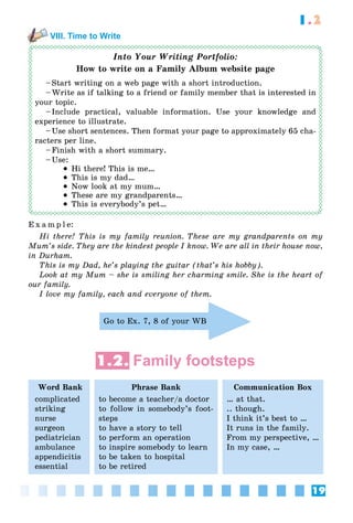 19
1.2
VIII. Time to Write
Into Your Writing Portfolio:
How to write on a Family Album website page
–Start writing on a web page with a short introduction.
–Write as if talking to a friend or family member that is interested in
your topic.
–Include practical, valuable information. Use your knowledge and
experience to illustrate.
–Use short sentences. Then format your page to approximately 65 cha-
racters per line.
–Finish with a short summary.
–Use:
• Hi there! This is me…
• This is my dad…
• Now look at my mum…
• These are my grandparents…
• This is everybody’s pet…
E x a m p l e:
Hi there! This is my family reunion. These are my grandparents on my
Mum’s side. They are the kindest people I know. We are all in their house now,
in Durham.
This is my Dad, he’s playing the guitar (that’s his hobby).
Look at my Mum – she is smiling her charming smile. She is the heart of
our family.
I love my family, each and everyone of them.
Go to Ex. 7, 8 of your WB
1.2. Family footsteps
Word Bank
complicated
striking
nurse
surgeon
pediatrician
ambulance
appendicitis
essential
Phrase Bank
to become a teacher/a doctor
to follow in somebody’s foot-
steps
to have a story to tell
to perform an operation
to inspire somebody to learn
to be taken to hospital
to be retired
Communication Box
… at that.
.. though.
I think it’s best to …
It runs in the family.
From my perspective, …
In my case, …
 