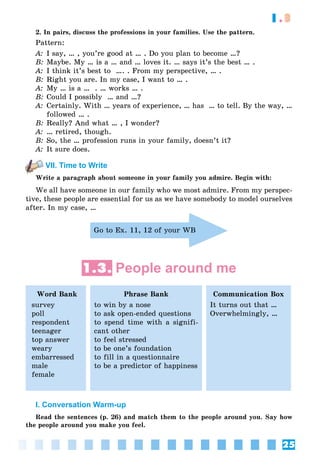 25
1.3
2. In pairs, discuss the professions in your families. Use the pattern.
Pattern:
A: I say, … , you’re good at … . Do you plan to become …?
B: Maybe. My … is a … and … loves it. … says it’s the best … .
A: I think it’s best to …. . From my perspective, … .
B: Right you are. In my case, I want to … .
A: My … is a … . … works … .
B: Could I possibly … and …?
A: Certainly. With … years of experience, … has … to tell. By the way, …
followed … .
B: Really? And what … , I wonder?
A: … retired, though.
B: So, the … profession runs in your family, doesn’t it?
A: It sure does.
VII. Time to Write
Write a paragraph about someone in your family you admire. Begin with:
We all have someone in our family who we most admire. From my perspec-
tive, these people are essential for us as we have somebody to model ourselves
after. In my case, …
Go to Ex. 11, 12 of your WB
1.3. People around me
Word Bank
survey
poll
respondent
teenager
top answer
weary
embarressed
male
female
Phrase Bank
to win by a nose
to ask open-ended questions
to spend time with a signifi-
cant other
to feel stressed
to be one’s foundation
to fill in a questionnaire
to be a predictor of happiness
Communication Box
It turns out that …
Overwhelmingly, …
I. Conversation Warm-up
Read the sentences (p. 26) and match them to the people around you. Say how
the people around you make you feel.
 