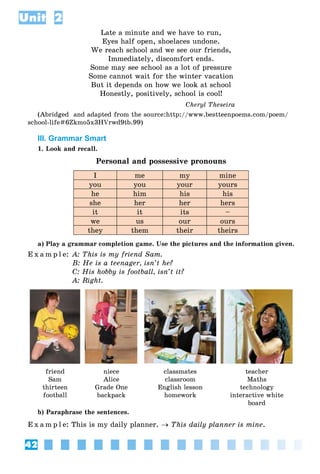 42
Unit 2
Late a minute and we have to run,
Eyes half open, shoelaces undone.
We reach school and we see our friends,
Immediately, discomfort ends.
Some may see school as a lot of pressure
Some cannot wait for the winter vacation
But it depends on how we look at school
Honestly, positively, school is cool!
Cheryl Theseira
(Abridged and adapted from the source:http://www.bestteenpoems.com/poem/
school-life#6Zkmo5x3HVrwd9tb.99)
III. Grammar Smart
1. Look and recall.
Personal and possessive pronouns
I me my mine
you you your yours
he him his his
she her her hers
it it its –
we us our ours
they them their theirs
a) Play a grammar completion game. Use the pictures and the information given.
E x a m p l e: A: This is my friend Sam.
B: He is a teenager, isn’t he?
C: His hobby is football, isn’t it?
A: Right.
friend
Sam
thirteen
football
niece
Alice
Grade One
backpack
classmates
classroom
English lesson
homework
teacher
Maths
technology
interactive white
board
b) Paraphrase the sentences.
E x a m p l e: This is my daily planner. → This daily planner is mine.
 