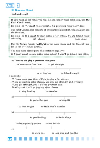 50
Unit 2
III. Grammar Smart
Look and recall!
If you want to say what you will do and under what condition, use the
First Conditional.
E x a m p l e: If I want to lose weight, I’ll go biking every other day.
The First Conditional consists of two parts (clauses): the main clause and
the if-clause.
E x a m p l e: If I want to stay active after school, I’ll go biking every
other day. (if – clause) (main clause)
Use the Future Simple (will+go) in the main clause and the Present Sim-
ple in the if – clause (want).
You can make either part of a sentence negative:
If I don’t want to stay active after school, I won’t go biking that often.
a) Team up and play a grammar loop game.
to have more free time to get stronger
to go jogging to defend oneself
E x a m p l e:
If I have more free time, I’ll go jogging after classes.
If you go jogging after classes, you will get stronger and stronger.
If you get stronger, you’ll defend yourself well.
That’s great. I will go jogging after classes.
to stay healthy to exercise
a)
to go to the gym to keep fit
to lose weight to train one’s muscles
b)
to go climbing to be in shape
to be physically active to feel better
c)
to work out to look nice and healthy
 