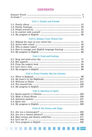 253
CONTENTS
Summer Travel .......................................................................... 4
In Grade 7 ................................................................................. 7
Unit 1. Family and Friends
1.1. Family album .................................................................... 12
1.2. Family footsteps................................................................. 19
1.3. People around me .............................................................. 25
1.4. In comfort with yourself ..................................................... 32
1.5. My progress in English ....................................................... 38
Unit 2. Balance Your School Life
2.1. Making the most of your school day ..................................... 41
2.2. Active after school ............................................................. 48
2.3. Who is absent today? ......................................................... 56
2.4. How to manage your English language learning ..................... 63
2.5. My progress in English ....................................................... 68
Unit 3. Food and Cooking
3.1. Soup and salad every day .................................................... 71
3.2. Bon appetite ..................................................................... 78
3.3. From the cookery book ....................................................... 84
3.4. Let’s have a bite ................................................................ 90
3.5. My progress in English ....................................................... 96
Unit 4. Every Country Has its Customs
4.1. When in England... ............................................................ 99
4.2. My heart’s in the Highlands ............................................... 107
4.3. Welcome to Wales ............................................................ 114
4.4. The emerald Isle ............................................................... 120
4.5. My progress in English ...................................................... 127
Unit 5. Question of Sport
5.1. Sports popular in Ukraine .................................................. 130
5.2. Made in Great Britan ........................................................ 139
5.3. American pastime ............................................................. 147
5.4. Sport star .................................................................. 154
5.5. My progress in English ...................................................... 160
Unite 6. On Screen and Stage
6.1. Are you a cinema-goer? ..................................................... 163
6.2. Are you a theatre admirer? ................................................ 169
6.3. Meet cinema and theatre celebrities ..................................... 177
6.4. Let’s see it! ...................................................................... 183
6.5. Your progress in English ................................................... 188
 