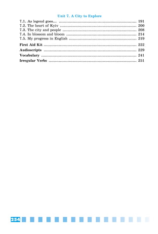 254
Unit 7. A City to Explore
7.1. As legend goes... .............................................................. 191
7.2. The heart of Kyiv ............................................................. 200
7.3. The city and people ........................................................... 208
7.4. In blossom and bloom ........................................................ 214
7.5. My progress in English ...................................................... 219
First Aid Kit .......................................................................... 222
Audioscripts .......................................................................... 229
Vocabulary ............................................................................ 241
Irregular Verbs ...................................................................... 251
 