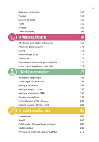 vii
Molluscum contagiosum 	 157
Psoriasis	158
Sarcome de Kaposi 	 159
Teigne	160
Varicelle	161
Xérosis (Ichthyose)	 162
10.Maladiespulmonaires	 167
Introduction aux maladies pulmonaires	 168
Pneumonie communautaire	 171
Enfants	173
Pneumocystose (PCP)	 174
Tuberculose	177
Pneumopathie interstitielle lymphoïde (LIP)	 178
Le sarcome de Kaposi pulmonaire (SK)	 179
11.Conditionsneurologiques	 181
Neuropathie périphérique	 182
La méningite chez les PVVIH 	 185
Méningite bactérienne 	 189
Méningite à cryptoccoques 	 190
Méningite tuberculeuse (MTB)	 196
Toxoplasmose cérébrale	 198
Encéphalopathie à VIH - démence	 200
Accident vasculaire cérébral (AVC)	 203
12.Conditionspsychiatriques	 205
La dépression 	 206
Anxiété	208
Problèmes liés à l’abus d’alcool ou drogues	 208
Trouble bipolaire	 209
Psychose : le fonctionnel vs le psychiatrique	 210
 