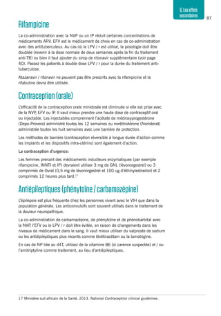 87
6.Leseffets
secondaires
Rifampicine
La co-administration avec la NVP ou un IP réduit certaines concentrations de
médicaments ARV. EFV est le médicament de choix en cas de co-administration
avec des antituberculeux. Au cas où le LPV / r est utilisé, la posologie doit être
doublée (revenir à la dose normale de deux semaines après la fin du traitement
anti-TB) ou bien il faut ajouter du sirop de ritonavir supplémentaire (voir page
40). Passez les patients à double dose LPV / r pour la durée du traitement anti-
tuberculose.
Atazanavir / ritonavir ne peuvent pas être prescrits avec la rifampicine et la
rifabutine devra être utilisée.
Contraception(orale)
L’efficacité de la contraception orale minidosée est diminuée si elle est prise avec
de la NVP, EFV ou IP. Il vaut mieux prendre une haute dose de contraceptif oral
ou injectable. Les injectables comprennent l’acétate de médroxyprogestérone
(Depo-Provera) administré toutes les 12 semaines ou noréthistérone (Noristerat)
administrée toutes les huit semaines avec une barrière de protection.
Les méthodes de barrière (contraception réversible à longue durée d’action comme
les implants et les dispositifs intra-utérins) sont également d’action.
La contraception d’urgence:
Les femmes prenant des médicaments inducteurs enzymatiques (par exemple
rifampicine, INNTI et IP) devraient utiliser 3 mg de GNL (lévonorgestrel) ou 3
comprimés de Ovral (0,5 mg de lévonorgestrel et 100 ug d’éthinylestradiol) et 2
comprimés 12 heures plus tard.17
Antiépileptiques(phénytoïne/carbamazépine)
L’épilepsie est plus fréquente chez les personnes vivant avec le VIH que dans la
population générale. Les anticonvulsifs sont souvent utilisés dans le traitement de
la douleur neuropathique.
La co-administration de carbamazépine, de phénytoïne et de phénobarbital avec
la NVP, l’EFV ou le LPV / r doit être évitée, en raison de changements dans les
niveaux de médicament dans le sang. Il vaut mieux utiliser du valproate de sodium
ou les antiépileptiques plus récents comme lévétiracétam ou la lamotrigine.
En cas de NP liée au d4T, utilisez de la vitamine B6 (si carence suspectée) et / ou
l’amitriptyline comme traitement, au lieu d’antiépileptiques.
17	Ministère sud-africain de la Santé. 2013. National Contraception clinical guidelines.
 