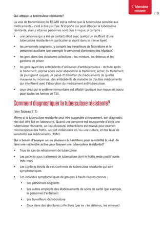 119
7. Tuberculose
résistante
Qui attrape la tuberculose résistante?
La voie de transmission de TB-MR est la même que la tuberculose sensible aux
médicaments - c’est à dire par l’air. N’importe qui peut attraper la tuberculose
résistante, mais certaines personnes sont plus à risque, y compris :
•	 une personne qui a été en contact étroit avec quelqu’un souffrant d’une
tuberculose résistante (en particulier si vivant dans le même foyer)
•	 les personnels soignants, y compris les travailleurs de laboratoire et le
personnel auxiliaire (par exemple le personnel d’entretien des hôpitaux)
•	 les gens dans des structures collectives : les mineurs, les détenus et les
gardiens de prison
•	 les gens ayant des antécédents d’utilisation d’antituberculeux : rechute après
le traitement; reprise après avoir abandonné le traitement, échec du traitement
(le plus grand risque); un passé d’utilisation de médicaments de qualité
mauvaise ou inconnue, des antécédents de maladie ou d’autres médicaments
qui interfèrent avec l’absorption du médicament anti-tuberculose.
•	 ceux chez qui le système immunitaire est affaibli (puisque leur risque est accru
pour toutes les formes de TB).
Commentdiagnostiquerlatuberculoserésistante?
(Voir Tableau 7.7)
Même si la tuberculose résistante peut être suspectée cliniquement, son diagnostic
réel doit être fait en laboratoire. Quand une personne est soupçonnée d’avoir une
tuberculose résistante, un (ou plusieurs) échantillons est envoyé pour examen
microscopique des frottis, un test moléculaire et / ou une culture, et des tests de
sensibilité aux médicaments (TSM).
Qui a besoin d’envoyer un ou plusieurs échantillons pour sensibilité (c.-à-d. de
faire une recherche active pour trouver une tuberculose résistante)?
•	 Tous les cas de retraitement de tuberculose
•	 Les patients sous traitement de tuberculose dont le frottis reste positif après
trois mois
•	 Les contacts étroits de cas confirmés de tuberculose résistante qui sont
symptomatiques
•	 Les individus symptomatiques de groupes à hauts risques connus :
•	 Les personnels soignants
•	 Les autres employés des établissements de soins de santé (par exemple,
le personnel d’entretien)
•	 Les travailleurs de laboratoire
•	 Ceux dans des structures collectives (par ex : les détenus, les mineurs)
 