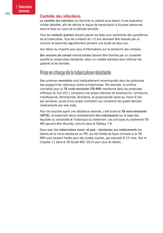 122
7. Tuberculose
résistante
Contrôle des infections
Le contrôle des infections au domicile du patient aura besoin d’une évaluation
initiale détaillée, afin de réduire le risque de transmission à d’autres personnes
dans le foyer au cours de la période sensible.
Tous les contacts proches doivent passer les tests pour rechercher des symptômes
de la tuberculose. Tous les contacts de <5 ans devraient être évalués par un
clinicien et examinés régulièrement pendant une durée de deux ans.
Voir début du chapitre pour plus d’informations sur la recherche des contacts.
Des sessions de conseil individualisées doivent être fournies par un conseiller
qualifié en tuberculose résistante, selon un modèle standard pour informer les
patients et les familles.
Priseenchargedelatuberculoserésistante
Des schémas normalisés sont habituellement recommandés dans les protocoles
des programmes nationaux contre la tuberculose. Par exemple, le schéma
normalisé pour la TB multi-résistante (TB-MR) mentionné dans les protocoles
d’Afrique du Sud 2011 comprend une phase intensive de kanamycine / amikacine,
moxifloxacine, éthionamide, térizidone, et pyrazinamide (prise au moins 6 fois
par semaine), suivie d’une phase d’entretien qui comprend les quatre derniers
médicaments par voie orale.
Pour les souches ayant une résistance avancée, c’est-à-dire la TB extra-résistante
(XRTB), le traitement devra probablement être individualisé sur la base des
résultats du sensibilité et l’historique du traitement. Les principes du traitement TB-
MR peuvent être résumés, comme dans le Tableau 7.8.
Ceux avec des tuberculoses mono- et poly - résistantes aux médicaments (en
dehors de la mono-résistance au RIF, qui est traitée de façon similaire à la TB-
MR) sont souvent traités pour des durées courtes, par exemple 9-12 mois. Voir le
chapitre 11 dans le TB Guide MSF 2014 pour plus de détails.
 
