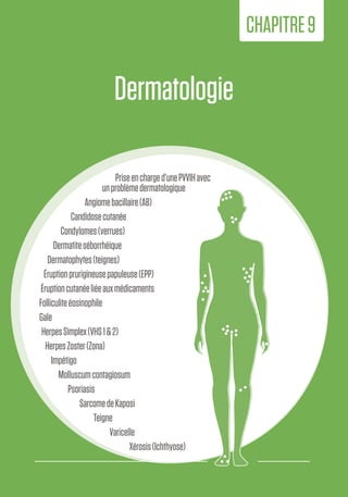139
8.Pathologies
orales
Priseencharged’unePVVIHavec
unproblèmedermatologique
Angiomebacillaire(AB)
Candidosecutanée
Condylomes(verrues)
Dermatiteséborrhéique
Dermatophytes(teignes)
Éruptionprurigineusepapuleuse(EPP)
Éruptioncutanéeliéeauxmédicaments
Folliculite éosinophile
Gale
HerpesSimplex(VHS1&2)
HerpesZoster(Zona)
Impétigo
Molluscumcontagiosum
Psoriasis
SarcomedeKaposi
Teigne
Varicelle
Xérosis(Ichthyose)
Dermatologie
CHAPITRE9
 