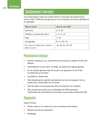 146
9.Dermatologie
Condylomes(verrues)
Une contamination induite par contact direct ou inoculation de papillomavirus
humain (HPV). Différents sous-groupes du virus provoquent des verrues génitales et
non-génitales.
Type de verrue Type de virus HPV
Commune 2, 4, 29
Plantaire ou paume des mains 1, 2, 4, 10
Plate 3, 10
Ano-génitale 6, 11, 42, 44
Sous-types oncogéniques, associés
avec le cancer
16, 18, 31, 33, 35
Présentationclinique 
•	 Papules multiples ou non, pouvant être volumineuses ou plates et former des
plaques
•	 Habituellement sur les mains, le visage, les pieds et les organes génitaux.
•	 Sur les organes génitaux elles ont souvent une apparence de chou fleur
(condylomata accuminata)
•	 Localisées ou disséminées
•	 Elles disparaissent en général spontanément au bout de quelques mois ou
années avec l’amélioration de l’immunité.
•	 Chez les hôtes immunosupprimés, elles ont tendance à se multiplier.
•	 Elles peuvent faire partie de la manifestation de l’IRIS (syndrome
inflammatoire de reconstitution immunitaire) surtout après le début des ARV.
Diagnostic
Aspect Clinique:
•	 Taches noires sur la surface de la verrue (vaisseaux thromboses)
•	 Biopsie (souvent pas nécessaire)
•	 Sérotypage
 