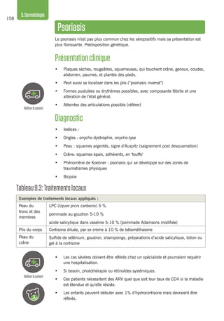 158
9.Dermatologie
Référerlepatient
Référerlepatient
Psoriasis
Le psoriasis n’est pas plus commun chez les séropositifs mais sa présentation est
plus florissante. Prédisposition génétique.
Présentationclinique
•	 Plaques sèches, rougeâtres, squameuses, qui touchent crâne, genoux, coudes,
abdomen, paumes, et plantes des pieds.
•	 Peut aussi se localiser dans les plis (“psoriasis inversé”)
•	 Formes pustulées ou érythèmes possibles, avec composante fébrile et une
altération de l’état général.
•	 Atteintes des articulations possible (référer)
Diagnostic
•	 Indices :
•	 Ongles : onycho-dystrophie, onycho-lyse
•	 Peau : squames argentés, signe d’Auspitz (saignement post desquamation)
•	 Crâne: squames épais, adhérents, en ‘touffe’
•	 Phénomène de Koebner : psoriasis qui se développe sur des zones de
traumatismes physiques
•	 Biopsie
Tableau9.3:Traitementslocaux
Exemples de traitements locaux appliqués :
Peau du
tronc et des
membres
LPC (liquor picis carbonis) 5 %
pommade au goudron 5-10 %
acide salicylique dans vaseline 5-10 % (pommade Adamsons modifiée)
Plis du corps Cortisone diluée, par ex crème à 10 % de bétaméthasone
Peau du
crâne
Sulfide de sélénium, goudron, shampoings, préparations d’acide salicylique, lotion ou
gel à la cortisone
•	 Les cas sévères doivent être référés chez un spécialiste et pourraient requérir
une hospitalisation.
•	 Si besoin, photothérapie ou rétinoïdes systémiques.
•	 Ces patients nécessitent des ARV quel que soit leur taux de CD4 si la maladie
est étendue et qu’elle résiste.
•	 Les enfants peuvent débuter avec 1% d’hydrocortisone mais devraient être
référés.
 