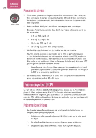 174
10.Maladies
pulmonaires
Pneumoniesévère
•	 Si un enfant présente un tirage sous-costal ou stridor quand il est calme, ou
tout autre signe de danger clinique (tachypnée, difficulté à téter, convulsions,
léthargie ou cyanose centrale), l’enfant nécessite des soins d’urgence et doit
être hospitalisé.
•	 Avant de référer à l’hôpital, administrez de l’oxygène avec un masque.
•	 Donnez à l’enfant une première dose de 75 mg / kg de ceftriaxone par IV ou
IM à une dose:
•	 3–5 kg: 250 mg (1 ml)
•	 6–9 kg: 500 mg (2 ml)
•	 10–14 kg: 750 mg (3 ml)
•	 15–25 kg: 1 g (2 ml dans chaque cuisse).
•	 Vérifiez l’hypoglycémie avec un glucomètre sur place si possible.
•	 Pour les enfants exposés au ou infectés par le VIH, en particulier ceux de
<1 an, initiez le traitement par cotrimoxazole à haute dose (CTX) en plus du
traitement décrit ci-dessus, étant donné que la pneumocystose(PCP) ne peut
être exclue et est rapidement fatale en l’absence de traitement. Voir page 170
pour la gestion de la PCP chez les enfants.
•	 Les enfants de plus d’un an d’âge gravement immunodéprimés qui n’ont
pas été sous prophylaxie CTX devront également être traités à la fois pour
la PCP et la pneumonie bactérienne.
•	 La durée totale du traitement (IV et orale) pour une pneumonie bactérienne
grave est généralement de 10 à 14 jours.
Pneumocystose(PCP)
La PCP est une infection opportuniste des poumons causée par le Pneumocystis
jirovecii. Il faut toujours penser à la PCP si l’un des principaux symptômes
est l’essoufflement progressif, plus que la toux. Les personnes vivant avec le VIH
avec des CD4 ≤200 cellules/µl sont à risque, en particulier ceux qui n’ont pas suivi
de traitement préventif au cotrimoxazole.
Présentationclinique
•	 La dyspnée (essoufflement) causée par une hypoxémie (faible teneur en
oxygène) est le principal symptôme.
•	 Initialement, elle apparait uniquement à l’effort, mais par la suite aussi
au repos.
•	 Le patient peut évoluer vers une dyspnée grave assez rapidement.
•	 L’hypoxémie peut être confirmée à l’aide d’un oxymètre de pouls.
Référerlepatient
 