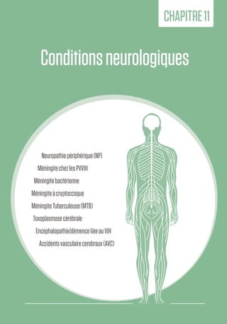 181
11.Conditions
neurologiques
Conditionsneurologiques
CHAPITRE11
Neuropathiepériphérique(NP)
MéningitechezlesPVVIH
Méningitebactérienne
Méningiteàcryptoccoque
MéningiteTuberculeuse(MTB)
Toxoplasmosecérébrale
Encéphalopathie/démenceliéeauVIH
Accidentsvasculairecerebraux(AVC)
 