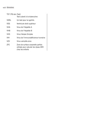 xviii Abréviations
TST (TB skin Test)
	 Test cutané à la tuberculine
VDRL 	 Un test pour la syphilis
VDS 	 Ventricule droit supérieur
VHA	 Virus de l’hépatite A
VHB 	 Virus de l’hépatite B
VHS 	 Virus Herpes Simplex
VIH 	 Virus de l’immunodéficience humaine
VZV	 Virus varicelle-zona
ZFC 	 Zone de surface corporelle parfois
utilisée pour calculer les doses ARV
chez les enfants
 