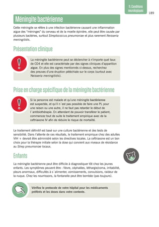 189
11.Conditions
neurologiques
Le traitement définitif est basé sur une culture bactérienne et des tests de
sensibilité. Dans l’attente de ces résultats, le traitement empirique chez des adultes
VIH + devrait être administré selon les directives locales. La ceftriaxone est un bon
choix pour la thérapie initiale selon la dose qui convient aux niveaux de résistance
au Strep pneumoniae locaux.
Enfants
La méningite bactérienne peut être difficile à diagnostiquer tôt chez les jeunes
enfants. Les symptômes peuvent être : fièvre, céphalées, léthargie/coma, irritabilité,
pleurs anormaux, difficultés à s´alimenter, vomissements, convulsions, raideur de
la nuque. Chez les nourrissons, la fontanelle peut être bombée (pas toujours).
Méningitebactérienne
Cette méningite se réfère à une infection bactérienne causant une inflammation
aigue des “méninges” du cerveau et de la moelle épinière, elle peut être causée par
plusieurs bactéries, surtout Streptococcus pneumoniae et plus rarement Neisseria
meningitidis.
Présentationclinique
La méningite bactérienne peut se déclencher à n’importe quel taux
de CD4 et elle est caractérisée par des signes cliniques d’apparition
aigue. En plus des signes mentionnés ci-dessus, recherchez
des preuves d’une éruption pétéchiale sur le corps (surtout avec
Neisseria meningitidis).
Priseenchargespécifiquedelaméningitebactérienne
Si la personne est malade et qu’une méningite bactérienne
est suspectée, et qu’il n´est pas possible de faire une PL pour
une raison ou une autre, il ne faut pas retarder le début de
l´antibiothérapie. En attendant de pouvoir transférer le patient,
commencez tout de suite le traitement empirique avec de la
ceftriaxone IV afin de réduire le risque de mortalité.
Vérifiez le protocole de votre hôpital pour les médicaments
préférés et les doses dans votre contexte.
 
