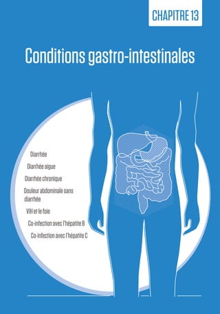 213
13.Conditions
gastro-intestinales
Conditionsgastro-intestinales
CHAPITRE13
Diarrhée
Diarrhéeaigue
Diarrhéechronique
Douleurabdominalesans
diarrhée
VIHetlefoie
Co-infectionavecl’hépatiteB
Co-infectionavecl’hépatiteC
 