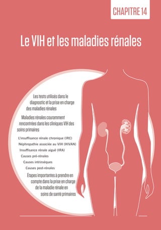 227
14.LeVIHetles
maladiesrénales
LeVIHetlesmaladiesrénales
CHAPITRE14
Lestestsutilisésdansle
diagnosticetlapriseencharge
desmaladiesrénales
Maladiesrénalescouramment
rencontréesdanslescliniquesVIHdes
soinsprimaires
L’insuffisance rénale chronique (IRC)
Néphropathie associée au VIH (HIVAN)
Insuffisance rénale aiguë (IRA)
Causes pré-rénales
Causes intrinsèques
Causes post-rénales
Étapesimportantesàprendreen
comptedanslapriseencharge
delamaladierénaleen
soinsdesantéprimaires
 