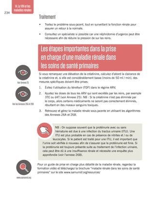 234
14.LeVIHetles
maladiesrénales
Pour un guide de prise en charge plus détaillé de la maladie rénale, regardez la
formation vidéo et téléchargez la brochure “maladie rénale dans les soins de santé
primaires” sur le site www.samumsf.org/resources/
www.samumsf.org
NB : On suppose souvent que la protéinurie avec ou sans
hématurie est due à une infection du tractus urinaire (ITU). Une
ITU est plus probable en cas de présence de nitrites et / ou de
leucocytes. Si le patient est traité pour une ITU, il est important que
l’urine soit vérifiée à nouveau afin de s’assurer que la protéinurie est finie. Si
la protéinurie est toujours présente suite au traitement de l’infection urinaire,
cela peut être dû à une insuffisance rénale et nécessite une enquête plus
approfondie (voir l’annexe 26B).
VoirAnnexe25
VoirlesAnnexes26Aet26B
Traitement
•	 Traitez le problème sous-jacent, tout en surveillant la fonction rénale pour
assurer un retour à la normale.
•	 Consultez un spécialiste si possible car une néphrotomie d’urgence peut être
nécessaire afin de réduire la pression de sur les reins.
Lesétapesimportantesdanslaprise
encharged’unemaladierénaledans
lessoinsdesantéprimaires
Si vous remarquez une élévation de la créatinine, calculez d’abord la clairance de
la créatinine et, si elle est considérablement basse (moins de 50 ml / min), des
mesures spécifiques doivent être prises:
1.	 Évitez l’utilisation du ténofovir (TDF) dans le régime ARV.
2.	 Ajustez les doses de tous les ARV qui sont excrétés par les reins, par exemple
3TC ou d4T (voir Annexe 25). NB : Si la créatinine n’est pas éliminée par
le corps, alors certains médicaments ne seront pas correctement éliminés,
résultant en des niveaux sanguins toxiques.
3.	 Retrouvez et gérez la maladie rénale sous-jacente en utilisant les algorithmes
des Annexes 26A et 26B.
 