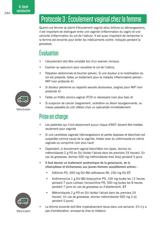 244
15.Santé
reproductive
Protocole3 :Écoulementvaginalchezlafemme 
Quand une femme se plaint d’écoulement vaginal et/ou brûlure ou démangeaisons,
il est important de distinguer entre une vaginite (inflammation du vagin) et une
cervicite (inflammation du col de l’utérus). Il est aussi important de rechercher si
la femme est enceinte pour éviter les médicaments contre- indiqués pendant la
grossesse.
Évaluation 
•	 L’écoulement doit être constaté lors d’un examen clinique,
•	 Examen au speculum pour visualiser le col de l’utérus.
•	 Palpation abdominale et toucher pelvien. Si une douleur à la mobilisation du
col est présente, faites un traitement pour la maladie inflammatoire pelvien :
MIP (voir protocole 4).
•	 Si douleur pelvienne ou rapports sexuels douloureux, soignez pour MIP (voir
protocole 4)
•	 Faites un frottis cervico-vaginal (FCV) si nécessaire (voir plus bas) et
•	 Si suspicion de cancer (saignement, ulcération ou lésion bourgeonnante, ou
masse palpable du col) référez chez un spécialiste immédiatement.
Priseencharge 
•	 Les patientes qui n’ont absolument aucun risque d’MST doivent être traitées
seulement pour vaginite
•	 Si une candidose vaginale (démangeaisons et pertes épaisses et blanches) est
suspectée comme cause de la vaginite, traitez avec du clotrimazole en crème
vaginale ou comprimé (voir plus haut)
•	 Cependant, si écoulement vaginal blanchâtre non épais, donnez du
métronidazole 2 g PO en DU (évitez l’alcool dans les premiers 24 heures). En
cas de grossesse, donnez 500 mg métronidazole trois fois/j pendant 5 jours
•	 Il faut donner un traitement syndromique de la gonococcie, de la
chlamydiose et trichomonas aux jeunes femmes sexuellement actives :
•	 Céfixime PO, 400 mg DU OU ceftriaxone IM, 250 mg DU ET
•	 Azithromycine 1 g DU OU doxycycline PO, 100 mg toutes les 12 heures
pendant 7 jours (utilisez l’amoxicilline PO, 500 mg toutes les 8 heures
pendant 7 jours en cas de grossesse ou d’allaitement). ET
•	 Métronidazole 2 g PO en DU (évitez l’alcool dans les premiers 24
heures). En cas de grossesse, donnez metronidazole 500 mg 3 x/j
pendant 5 jours).
•	 La femme enceinte doit être impérativement revue dans une semaine. S’il n’y a
pas d’amélioration, envoyez-la chez le médecin.
Référerlepatient
Référerlepatient
 