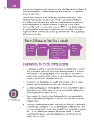 46
4.PTME
Initiation et continuation
du traitement ARV
hautement actif avant
la naissance, pendant
l’accouchement et après
la naissance
Suivi
du bébé
exposé
examiné, reçoit sa dose de cotrimoxazole, est testé selon l’algorithme et est vacciné
selon le calendrier PEV (Extended Programme of Immunisation) - le Programme
étendu de vaccination.
Les interventions relatives à la PTME peuvent aussi être divisées en un certain
nombre d’étapes que l’on appelle souvent “PTME en cascade” (Voir la Figure
4.2). Cela consiste à s’assurer que les femmes enceintes viennent régulièrement
aux visites prénatales, qu’elles se soumettent au dépistage du VIH, qu’elles
commencent à prendre et continuent à suivre leur TARV et aussi à tester et garder
le nourrisson exposé au VIH pour qu’il reçoive les soins nécessaires. Toutes les
étapes doivent être contrôlées pour assurer qu’une intervention PTME quelconque
ait le maximum d’effets.
DiagnosticduVIHchezlafemmeenceinte
•	 Le dépistage du VIH (avec possibilité de refuser) devrait être fait à la première
visite prénatale en même temps que les autres tests prénataux. Si la femme
préfère refuser le test de dépistage du VIH, il est nécessaire de lui offrir un
soutien et des conseils et de lui proposer le test de dépistage à chaque visite
jusqu’à ce que son statut sérologique soit connu.
•	 Si le premier test de dépistage est négatif, la femme devra refaire le test au
troisième mois de la grossesse selon les protocoles nationaux.
•	 Le test de dépistage devrait être fait pendant le travail de toute femme dont le
statut sérologique n’est pas connu, ou tout de suite après l’accouchement si
cela n’est pas possible pendant le travail.
•	 Il est important de refaire le test de dépistage chez les femmes qui allaitent
même si elles étaient séronégatives au cours des soins prénataux et pendant
l’accouchement.
•	 Il faut encourager leurs partenaires à faire le test de dépistage à chaque visite.
Si la femme est séronégative et que son partenaire est séropositif (c’est-à-dire
un couple sérodiscordant), il doit prendre des ARV quel que soit la numération
des CD4 afin de réduire les risques de transmission de VIH à la femme
enceinte (Vérifiez quelles sont les protocoles locaux sur le traitement des
couples sérodiscordants).
VoirProtocolesNationaux
Figure4.2:Attaquezlesfuitesdanslacascade
Dépistage
Être présent
aux visites
prénatales
 