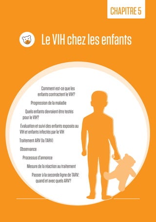 55
5.LeVIHchez
lesenfants
LeVIHchezlesenfants
CHAPITRE5
Commentest-cequeles
enfantscontractentleVIH?
Progressiondelamaladie
Quelsenfantsdevraientêtretestés
pourleVIH?
Évaluationetsuividesenfantsexposésau
VIHetenfantsinfectésparleVIH
TraitementARV(laTARV)
Observance
Processusd’annonce
Mesuredelaréactionautraitement
PasseràlasecondelignedeTARV:
quandetavecquelsARV?
 