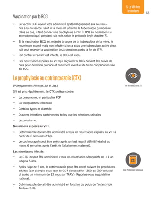 63
5.LeVIHchez
lesenfants
VaccinationparleBCG
•	 Le vaccin BCG devrait être administré systématiquement aux nouveau-
nés à la naissance, sauf si la mère est atteinte de tuberculose pulmonaire.
Dans ce cas, il faut donner une prophylaxie à l’INH (TPI) au nourrisson (si
asymptomatique) pendant six mois selon le protocole (voir chapitre 7).
•	 Si la vaccination BCG est retardée à cause de la tuberculose de la mère, le
nourrisson exposé mais non infecté (si on a exclu une tuberculose active chez
lui) peut recevoir la vaccination deux semaines après la fin de l’TPI.
•	 Par contre si l’enfant est infecté, le BCG est exclu.
•	 Les nourrissons exposés au VIH qui reçoivent le BCG doivent être suivis de
près pour détection précoce et traitement éventuel de toute complication liée
au BCG.
Laprophylaxieaucotrimoxazole(CTX)
(Voir également Annexes 2A et 2B.)
S’il est pris régulièrement, le CTX protège contre:
•	 La pneumonie, en particulier PCP
•	 La toxoplasmose cérébrale
•	 Certains types de diarrhée
•	 D’autres infections bactériennes, telles que les infections urinaires
•	 Le paludisme.
Nourrissons exposés au VIH:
•	 Cotrimoxazole devrait être administré à tous les nourrissons exposés au VIH à
partir de 6 semaines d’âge.
•	 Le cotrimoxazole peut être arrêté après un test négatif définitif (réalisé au
moins 6 semaines après l’arrêt de l’allaitement maternel).
Les nourrissons infectés:
•	 Le CTX devrait être administré à tous les nourrissons séropositifs de <1 an
jusqu’à 5 ans.
•	 Après l’âge de 5 ans, le cotrimoxazole peut être arrêté suivant les procédures
adultes (par exemple deux taux de CD4 consécutifs> 350 ou 200 cellules/
ul après un minimum de 12 mois sur TARV). Reportez-vous au guideline
national.
•	 Cotrimoxazole devrait être administré en fonction du poids de l’enfant (voir
Tableau 5.3).
VoirAnnexe2Aand2B
VoirProtocolesNationaux
 