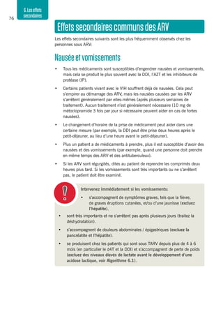 76
6.Leseffets
secondaires
EffetssecondairescommunsdesARV
Les effets secondaires suivants sont les plus fréquemment observés chez les
personnes sous ARV:
Nauséeetvomissements
•	 Tous les médicaments sont susceptibles d’engendrer nausées et vomissements,
mais cela se produit le plus souvent avec la DDI, l’AZT et les inhibiteurs de
protéase (IP).
•	 Certains patients vivant avec le VIH souffrent déjà de nausées. Cela peut
s’empirer au démarrage des ARV, mais les nausées causées par les ARV
s’arrêtent généralement par elles-mêmes (après plusieurs semaines de
traitement). Aucun traitement n’est généralement nécessaire (10 mg de
métoclopramide 3 fois par jour si nécessaire peuvent aider en cas de fortes
nausées).
•	 Le changement d’horaire de la prise de médicament peut aider dans une
certaine mesure (par exemple, la DDI peut être prise deux heures après le
petit-déjeuner, au lieu d’une heure avant le petit-déjeuner).
•	 Plus un patient a de médicaments à prendre, plus il est susceptible d’avoir des
nausées et des vomissements (par exemple, quand une personne doit prendre
en même temps des ARV et des antituberculeux).
•	 Si les ARV sont régurgités, dites au patient de reprendre les comprimés deux
heures plus tard. Si les vomissements sont très importants ou ne s’arrêtent
pas, le patient doit être examiné.
Intervenez immédiatement si les vomissements:
•	 s’accompagnent de symptômes graves, tels que la fièvre,
de graves éruptions cutanées, et/ou d’une jaunisse (excluez
l’hépatite).
•	 sont très importants et ne s’arrêtent pas après plusieurs jours (traitez la
déshydratation).
•	 s’accompagnent de douleurs abdominales / épigastriques (excluez la
pancréatite et l’hépatite).
•	 se produisent chez les patients qui sont sous TARV depuis plus de 4 à 6
mois (en particulier le d4T et la DDI) et s’accompagnent de perte de poids
(excluez des niveaux élevés de lactate avant le développement d’une
acidose lactique, voir Algorithme 6.1).
 
