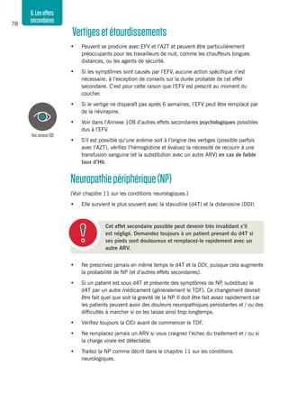 78
6.Leseffets
secondaires
•	 Ne prescrivez jamais en même temps le d4T et la DDI, puisque cela augmente
la probabilité de NP (et d’autres effets secondaires).
•	 Si un patient est sous d4T et présente des symptômes de NP, substituez le
d4T par un autre médicament (généralement le TDF). Ce changement devrait
être fait quel que soit la gravité de la NP. Il doit être fait assez rapidement car
les patients peuvent avoir des douleurs neuropathiques persistantes et / ou des
difficultés à marcher si on les laisse ainsi trop longtemps.
•	 Vérifiez toujours la ClCr avant de commencer le TDF.
•	 Ne remplacez jamais un ARV si vous craignez l’échec du traitement et / ou si
la charge virale est détectable.
•	 Traitez la NP comme décrit dans le chapitre 11 sur les conditions
neurologiques.
Cet effet secondaire possible peut devenir très invalidant s’il
est négligé. Demandez toujours à un patient prenant du d4T si
ses pieds sont douloureux et remplacez-le rapidement avec un
autre ARV.
Vertigesetétourdissements
•	 Peuvent se produire avec EFV et l’AZT et peuvent être particulièrement
préoccupants pour les travailleurs de nuit, comme les chauffeurs longues
distances, ou les agents de sécurité.
•	 Si les symptômes sont causés par l’EFV, aucune action spécifique n’est
nécessaire, à l’exception de conseils sur la durée probable de cet effet
secondaire. C’est pour cette raison que l’EFV est prescrit au moment du
coucher.
•	 Si le vertige ne disparaît pas après 6 semaines, l’EFV peut être remplacé par
de la névirapine.
•	 Voir dans l’Annexe 10B d’autres effets secondaires psychologiques possibles
dus à l’EFV.
•	 S’il est possible qu’une anémie soit à l’origine des vertiges (possible parfois
avec l’AZT), vérifiez l’hémoglobine et évaluez la nécessité de recourir à une
transfusion sanguine (et la substitution avec un autre ARV) en cas de faible
taux d’Hb.
Neuropathiepériphérique(NP)
(Voir chapitre 11 sur les conditions neurologiques.)
•	 Elle survient le plus souvent avec la stavudine (d4T) et la didanosine (DDI)
Voirannexe10B
 